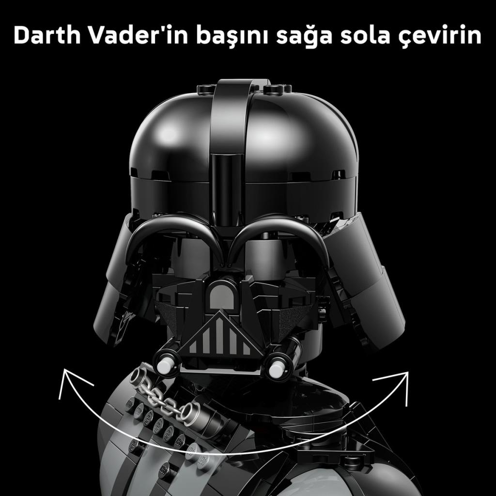 Un casco nero di Darth Vader in LEGO, con testa girevole.