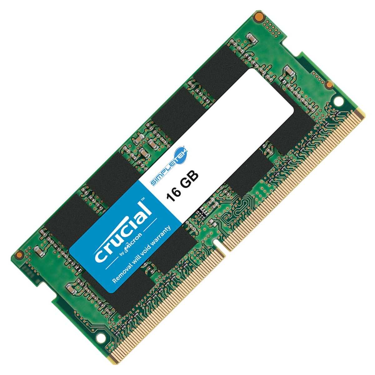 A green circuit board, a Crucial 16GB RAM module with black chips.