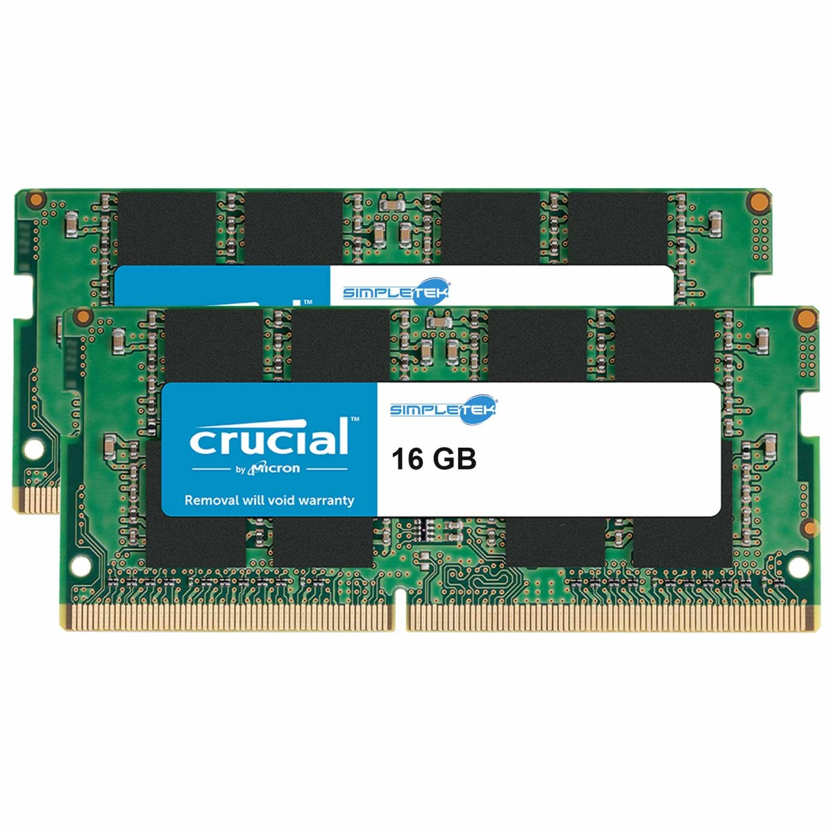Two green Crucial 16 GB RAM modules with blue labels.