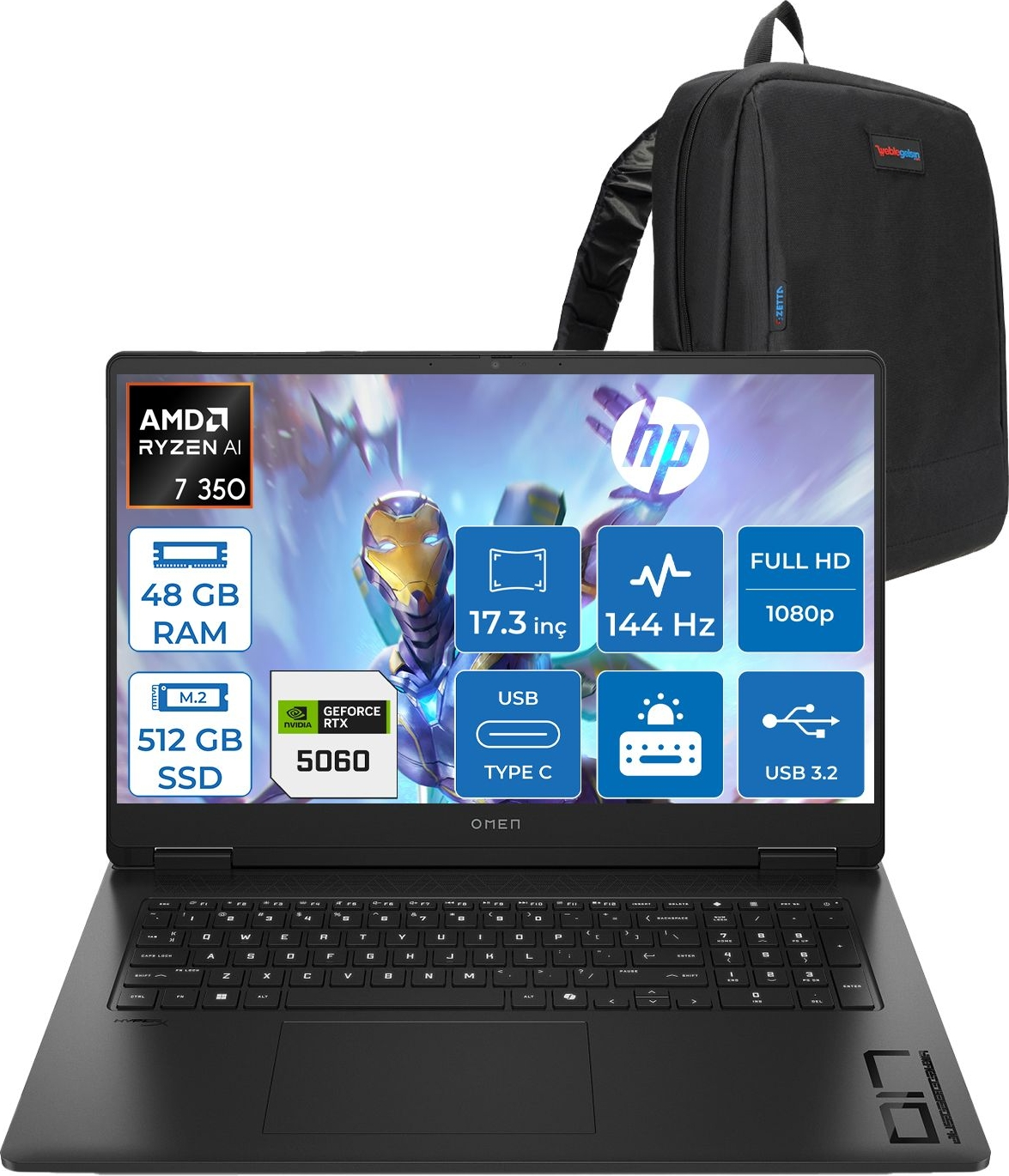 Özellikli siyah HP OMEN dizüstü bilgisayar ve siyah sırt çantası.