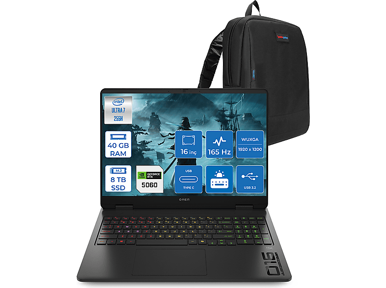 HP Omen 16-AM0018NT Ultra 7 255H 40GB 8TB SSD RTX5060 8GB 16" 165Hz IPS FDOS BQ1Z1EAF24+ZETTAÇNT 255H 40 GB RAM 8 TB SSD 16 inç FreeDOS Laptop+Çanta Siyah