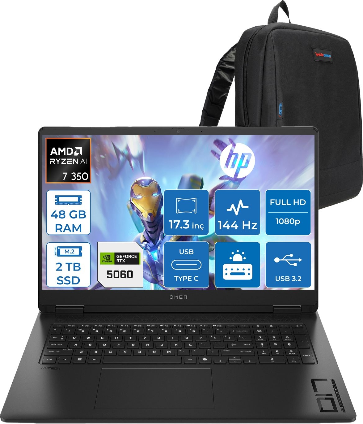 AMD Ryzen AI 7 350, 48 GB RAM, 2 TB SSD, RTX 5060 özellikli siyah HP Omen dizüstü ve siyah sırt çantası.