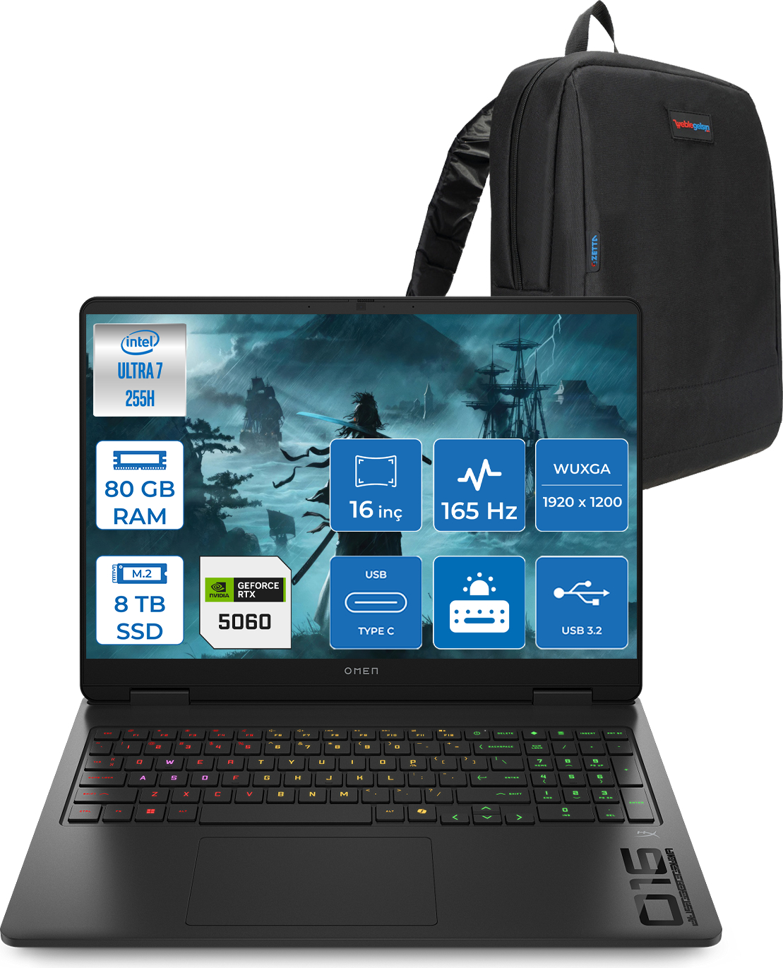 Intel Ultra 7, 80 GB RAM, 8 TB SSD, RTX 5060, 165 Hz ve sırt çantalı siyah dizüstü bilgisayar.