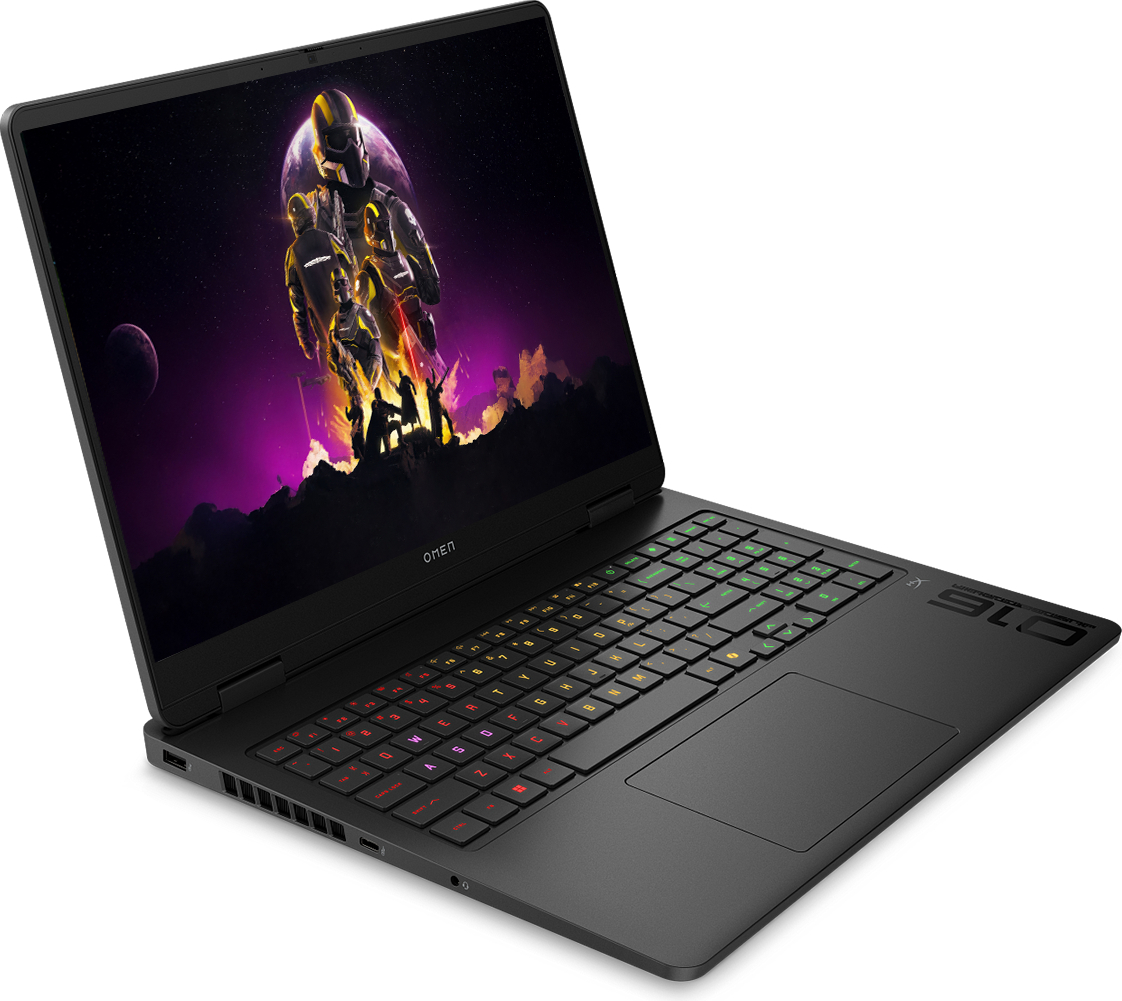 Ekranında canlı oyun duvar kağıdı olan siyah HP Omen dizüstü bilgisayar.