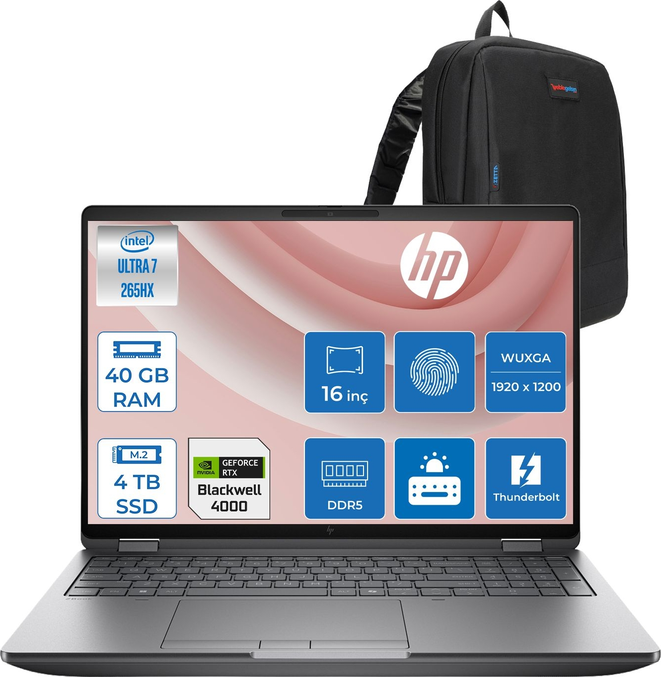 Intel Ultra 7, 40GB RAM, 4TB SSD, RTX 4000'li HP dizüstü bilgisayar ve siyah sırt çantası.
