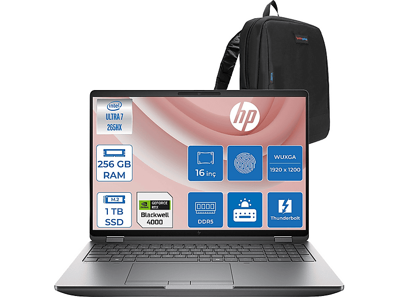 HP ZBook Fury 16 G1I DDR5 16 GB RTX4000 C65H8ESF64 Intel Core Ultra 7 265HX 256 GB RAM 1 TB SSD 16 inç FreeDOS Laptop+Çanta Gri