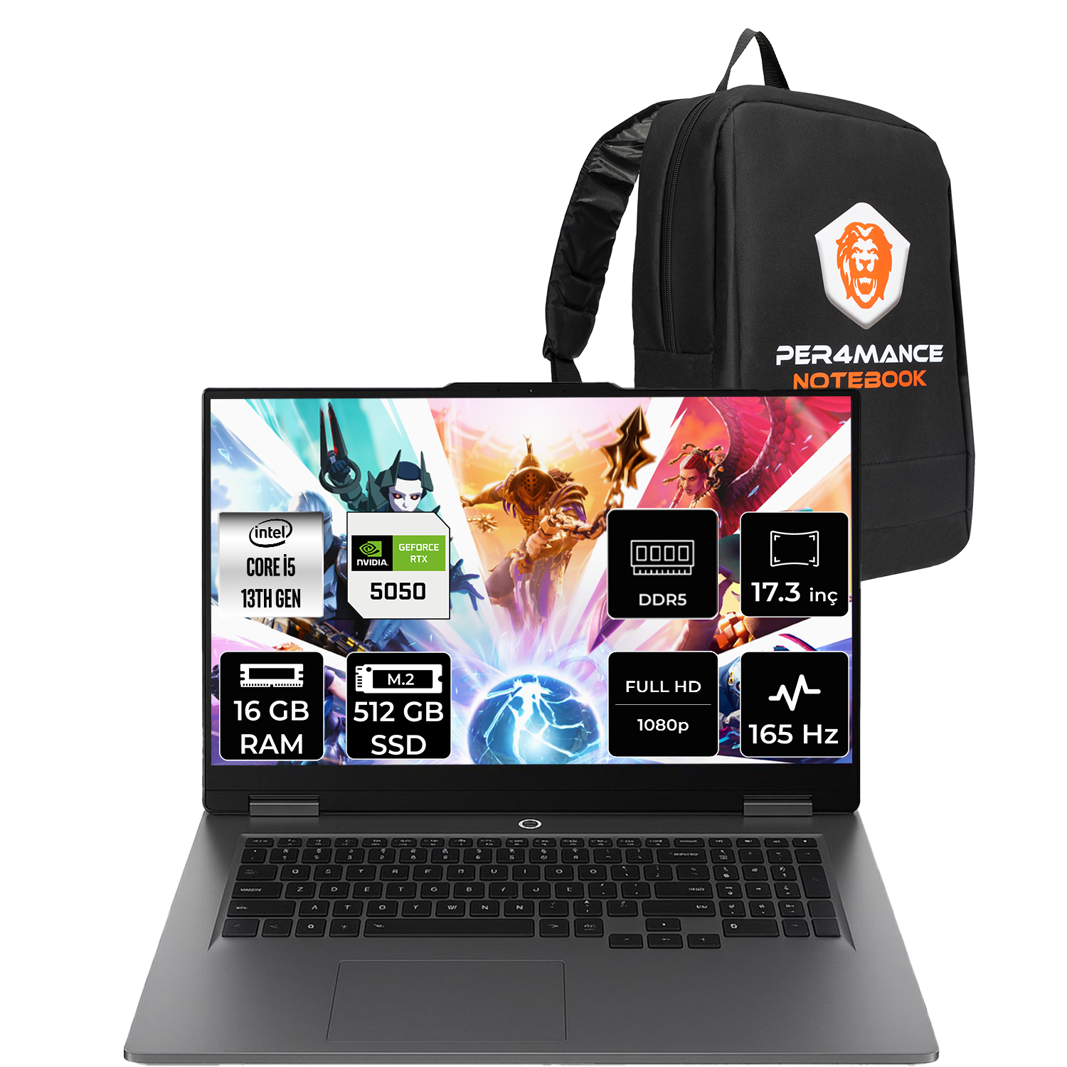 17,3 inç, Intel Core i5, 16GB RAM, 512GB SSD dizüstü bilgisayar ve sırt çantası.