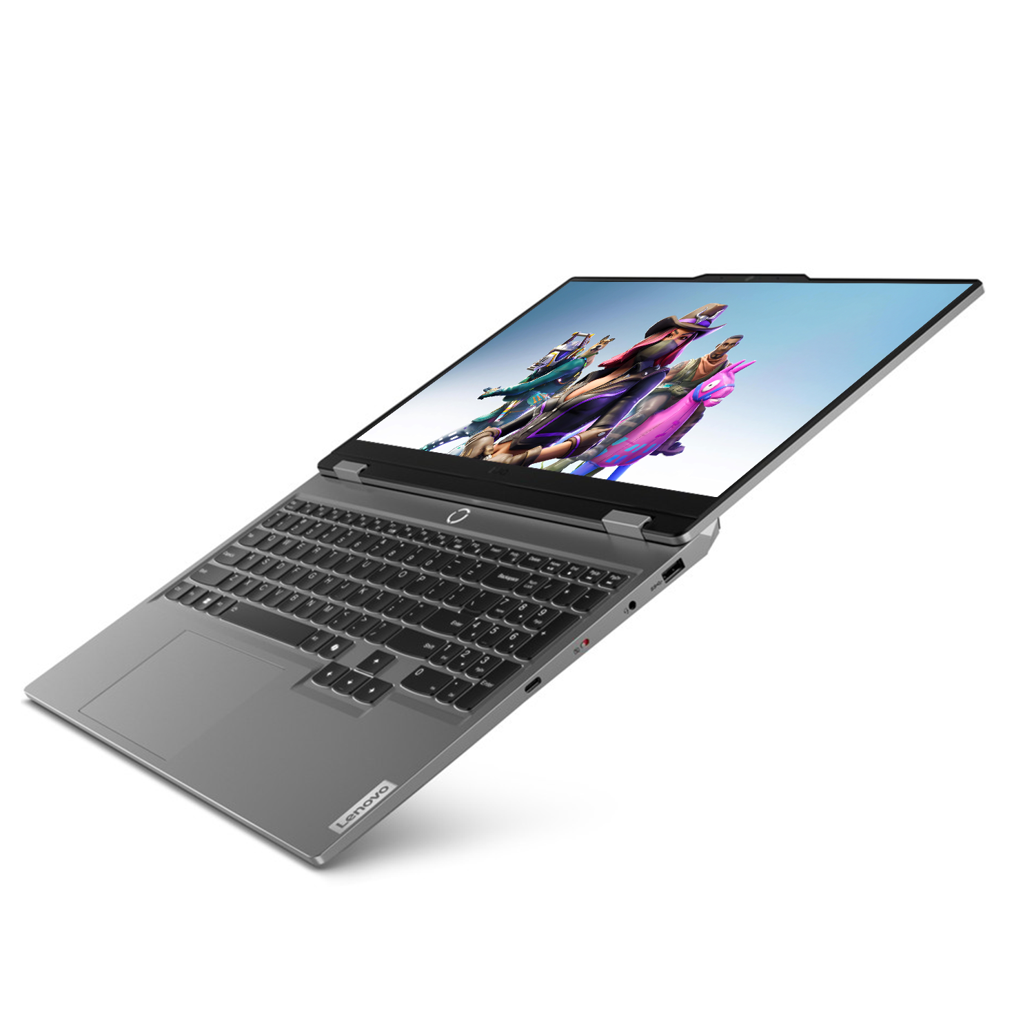Gri bir Lenovo dizüstü bilgisayar, beyaz arka plan önünde ekranda renkli karakterler gösteriyor.