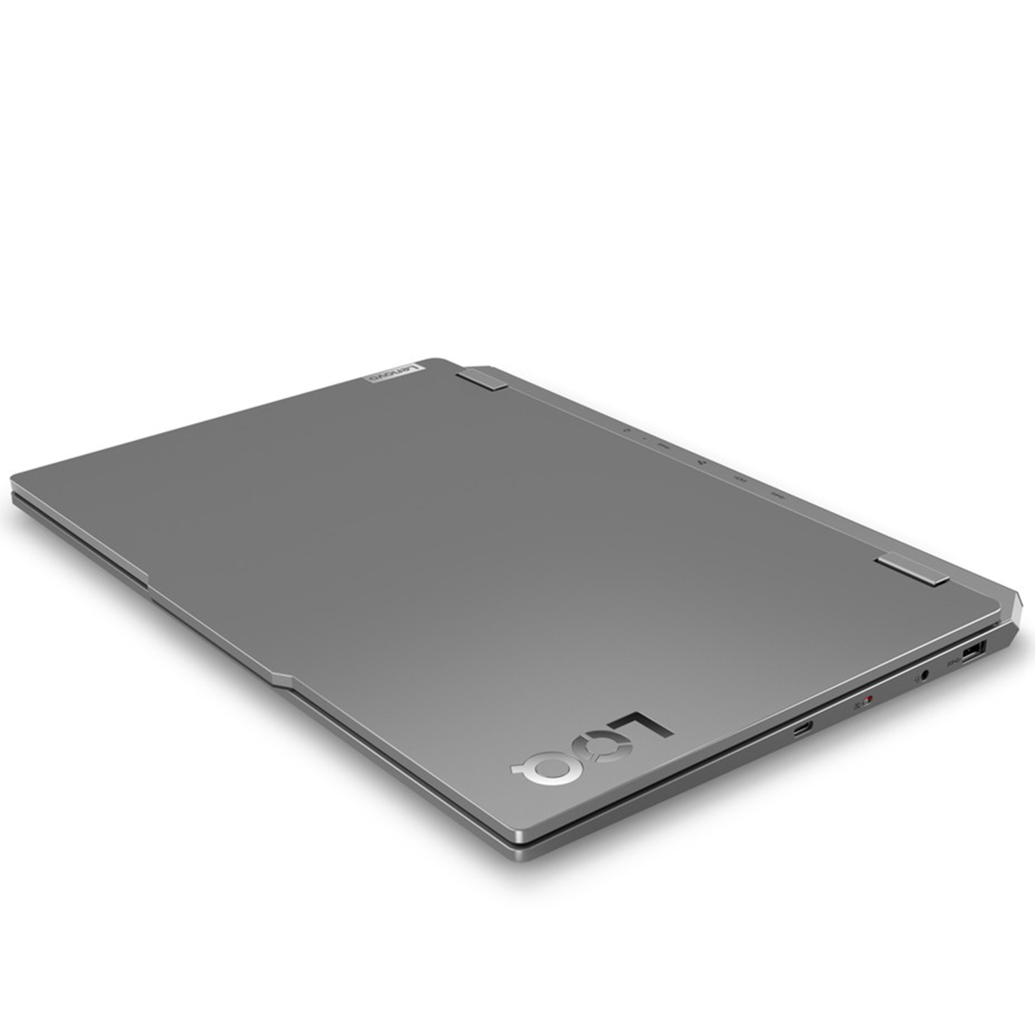 Lenovo logolu gri dizüstü bilgisayar, yan portları mevcut.