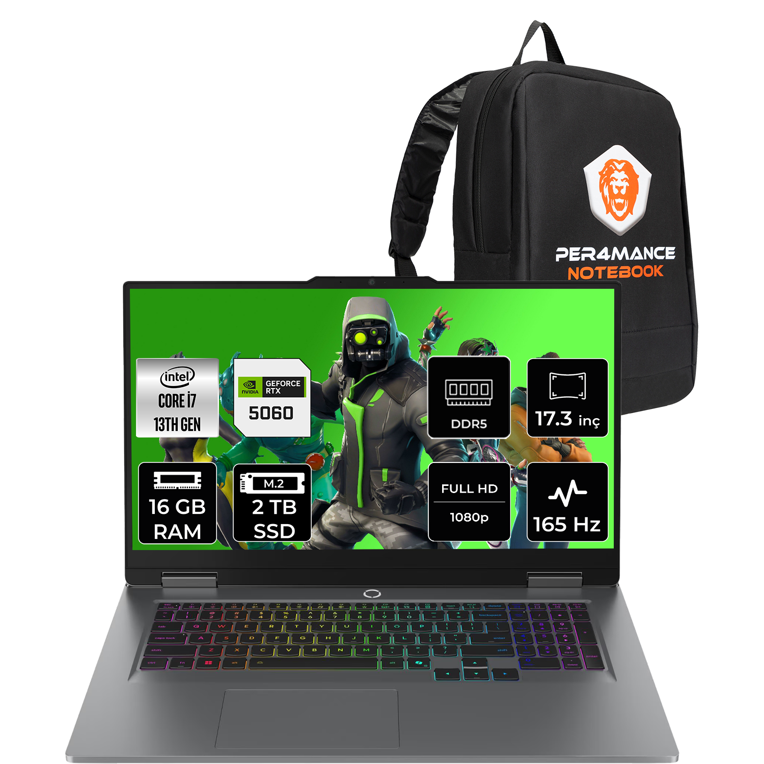 Intel Core i7, RTX 5060, 16GB RAM, 2TB SSD, 165Hz dizüstü ve sırt çantası.