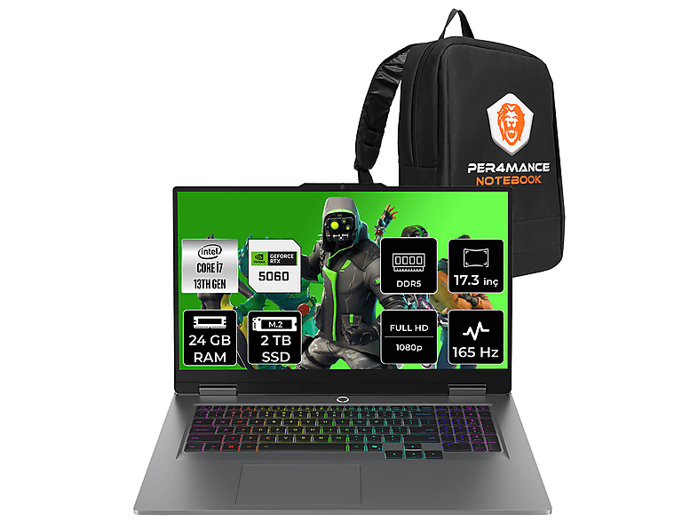 LENOVO LOQ RTX 5060 8 GB FHD 165 Hz 83JH00BQTRP316 PER4 Gaming Intel Core i7-13700HX 24 GB RAM 2 TB SSD 17,3 inç FreeDOS Laptop+Çanta Metalik Gri
