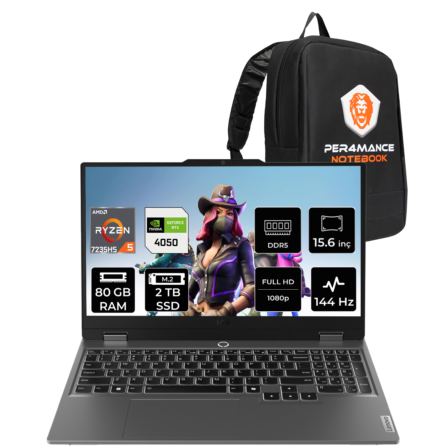 AMD Ryzen 5, RTX 4050, 80GB RAM, 2TB SSD ve 144Hz özellikli dizüstü bilgisayar.