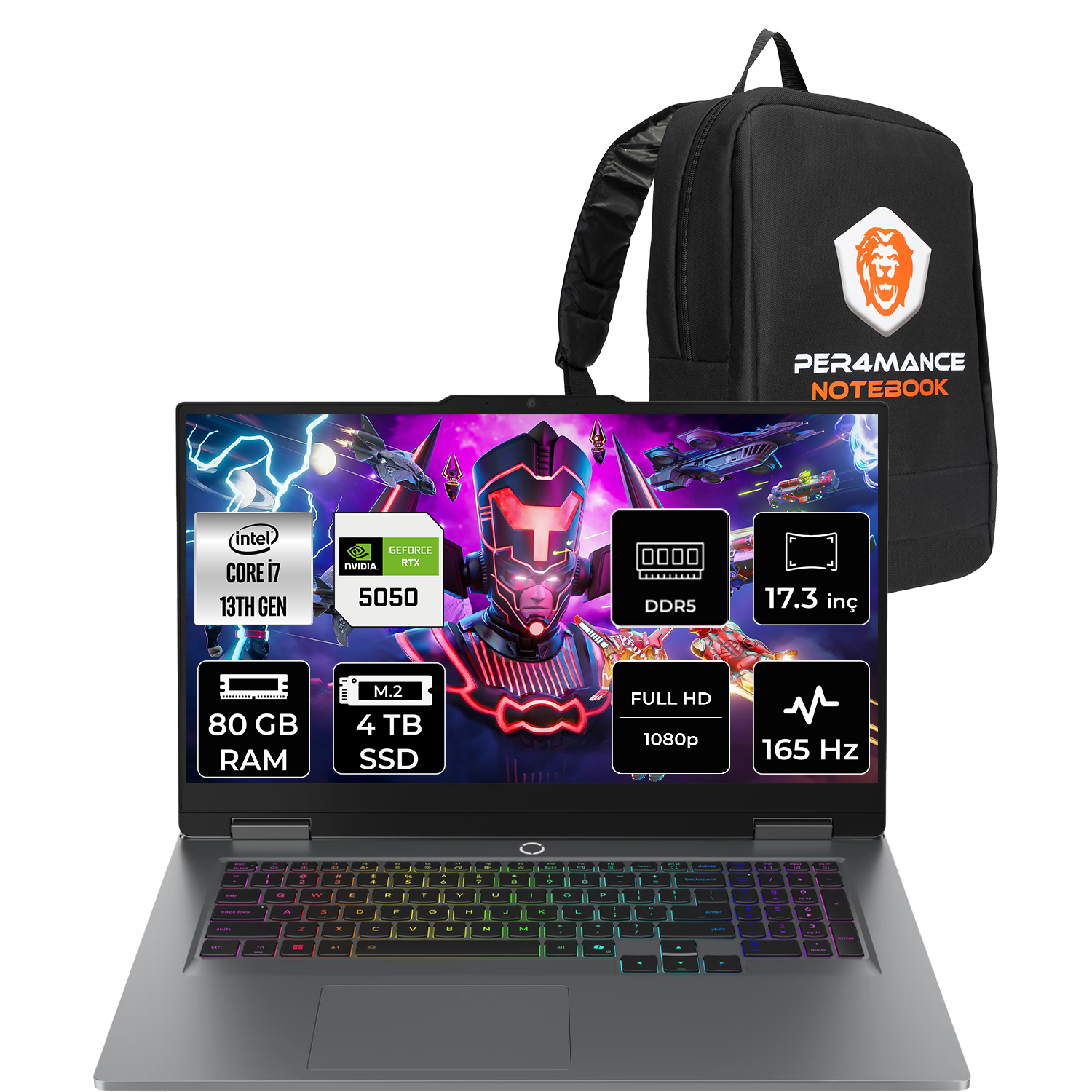Intel Core i7, 80 GB RAM, 4 TB SSD, RTX 5050 özellikli bir dizüstü bilgisayar ve sırt çantası.