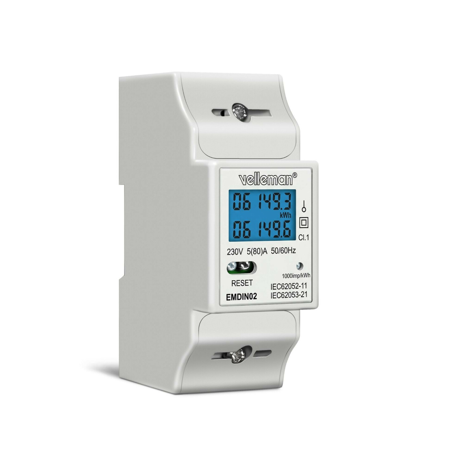 Ein weißer digitaler Stromzähler zeigt 06149.3 kWh und 06149.6 kWh an.
