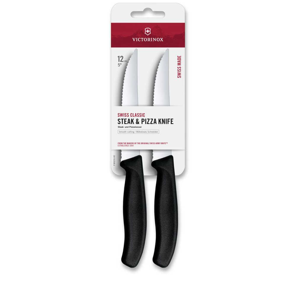 Siyah saplı ve beyaz bıçaklı iki Victorinox biftek ve pizza bıçağı ambalajda.