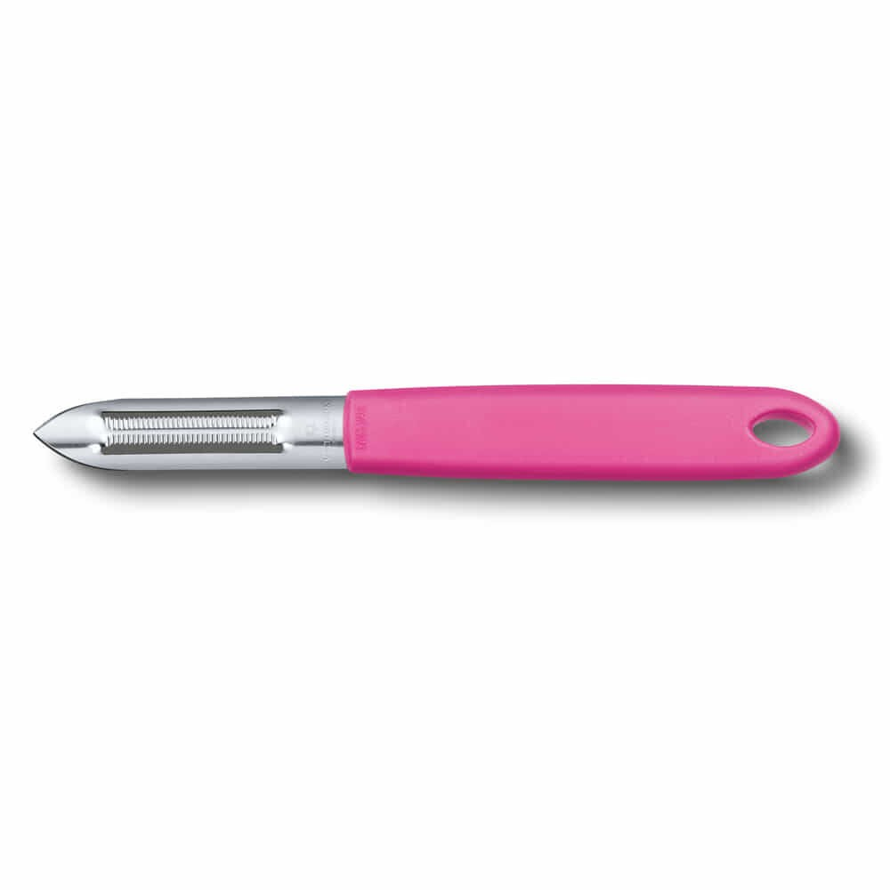 Dişli metal bıçaklı ve sapının ucunda delik bulunan pembe soyacak.