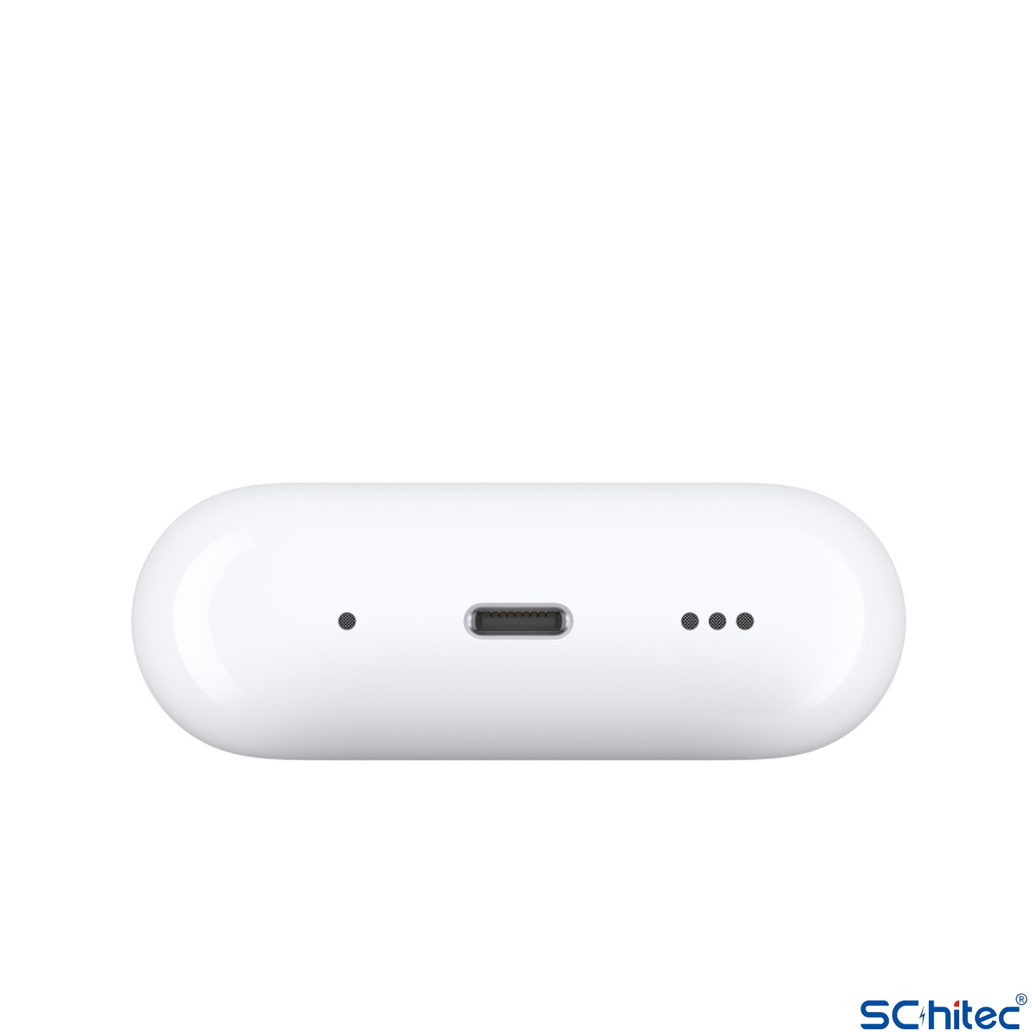 USB-C bağlantı noktalı ve üç gösterge ışıklı beyaz kulaklık kılıfı.