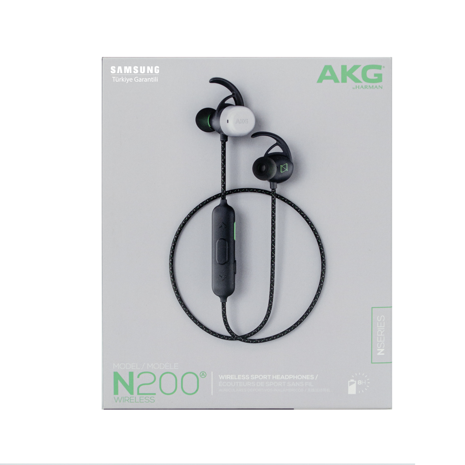 Beyaz ve siyah kulaklık uçlarına ve şarj kutusuna sahip AKG N200 kablosuz kulaklık.