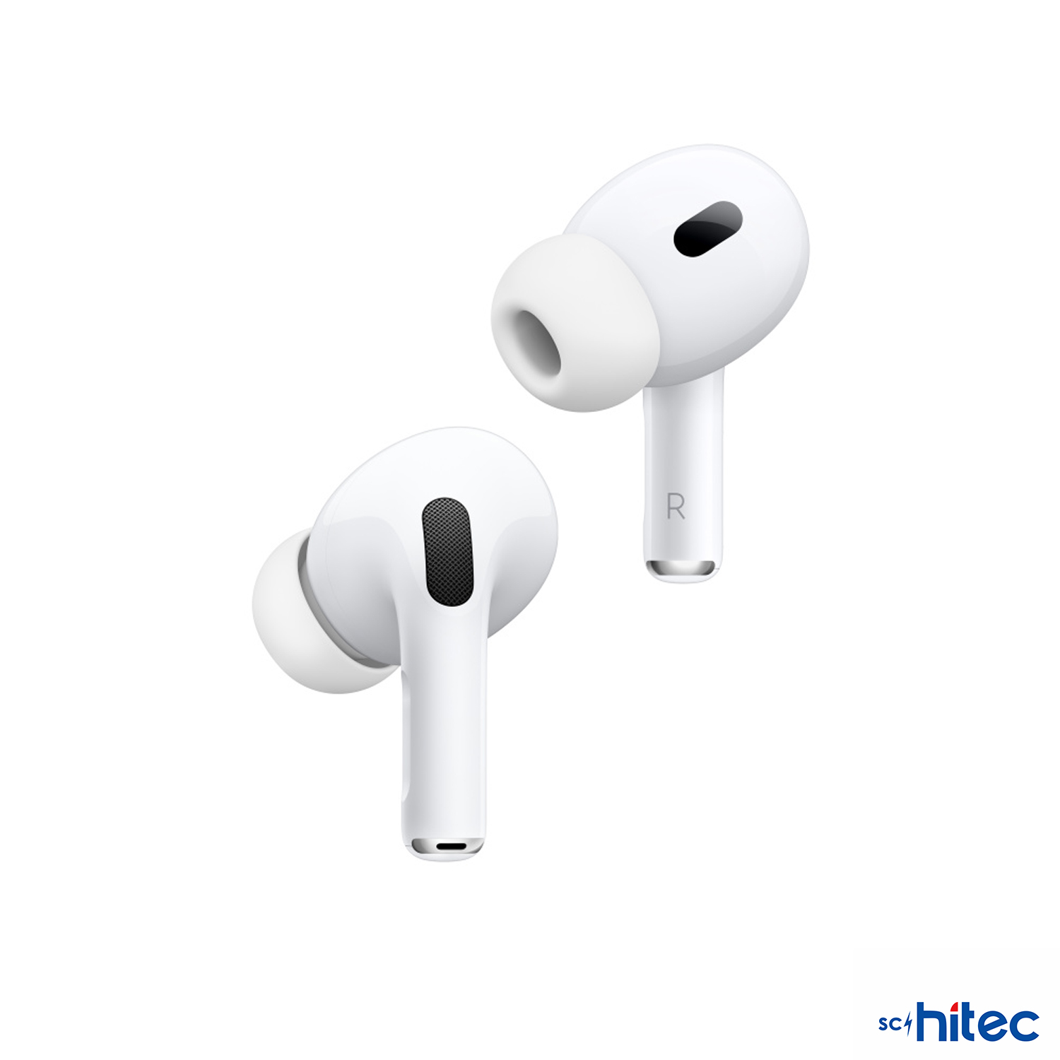 Beyaz arka plan üzerinde iki beyaz AirPods Pro.