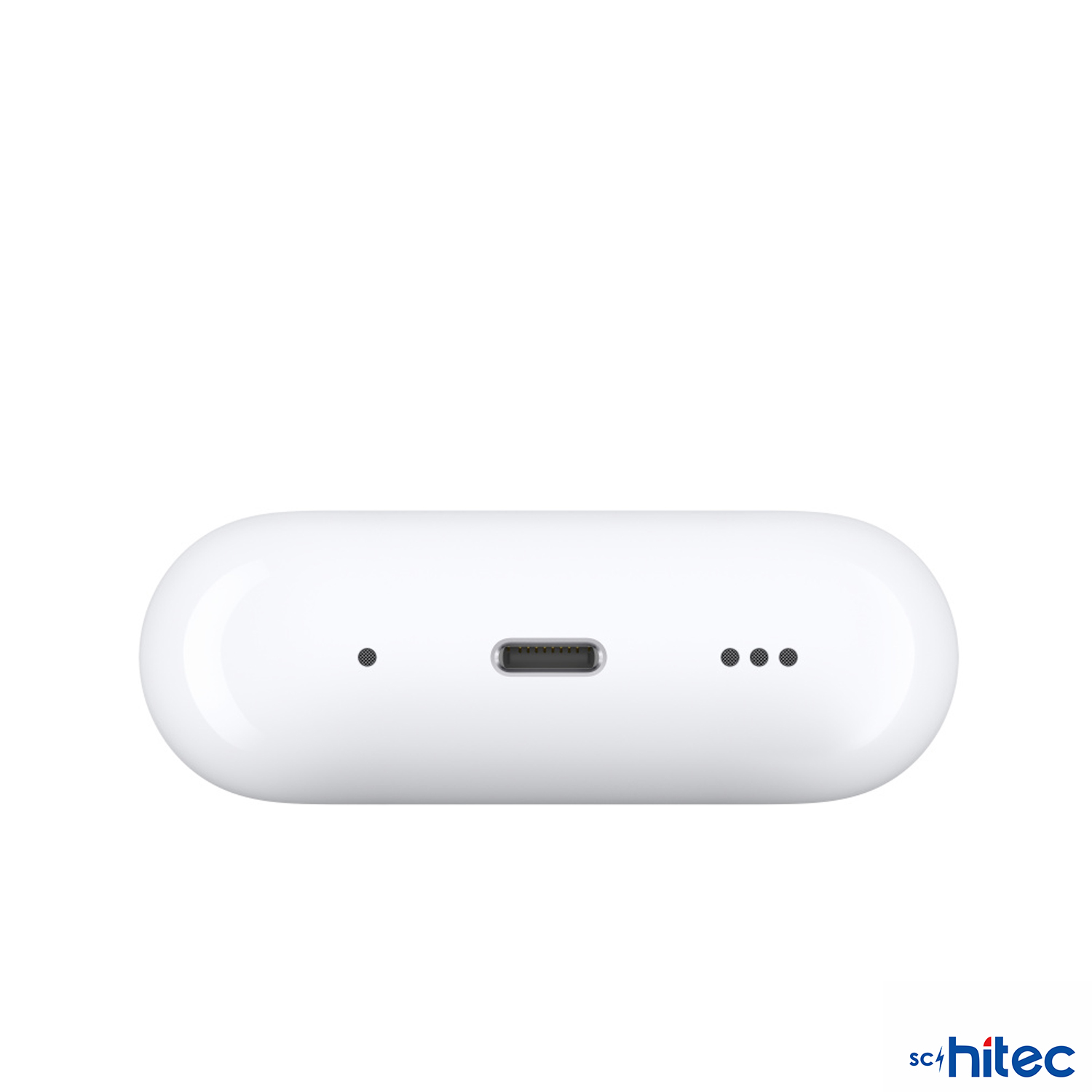 USB-C bağlantı noktasına ve şarj gösterge noktalarına sahip beyaz şarj kutusu.