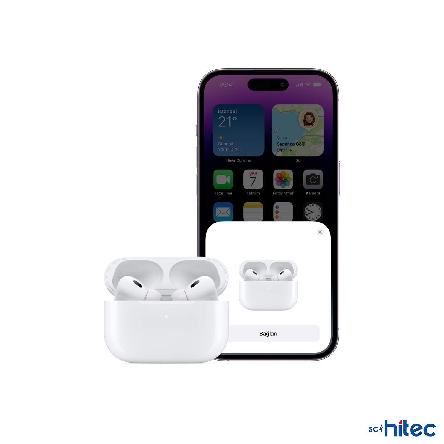 Açık şarj kutusunda beyaz AirPods Pro, AirPods Pro gösteren bir iPhone'un yanında.