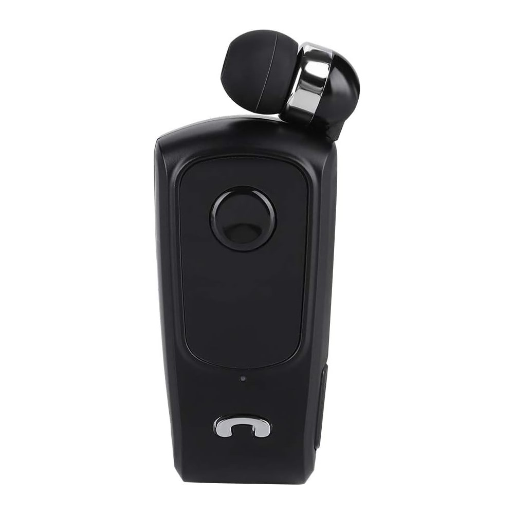 Kulaklık ve şarj klipsli siyah Bluetooth kulaklık. Bir düğme ve telefon simgesi.