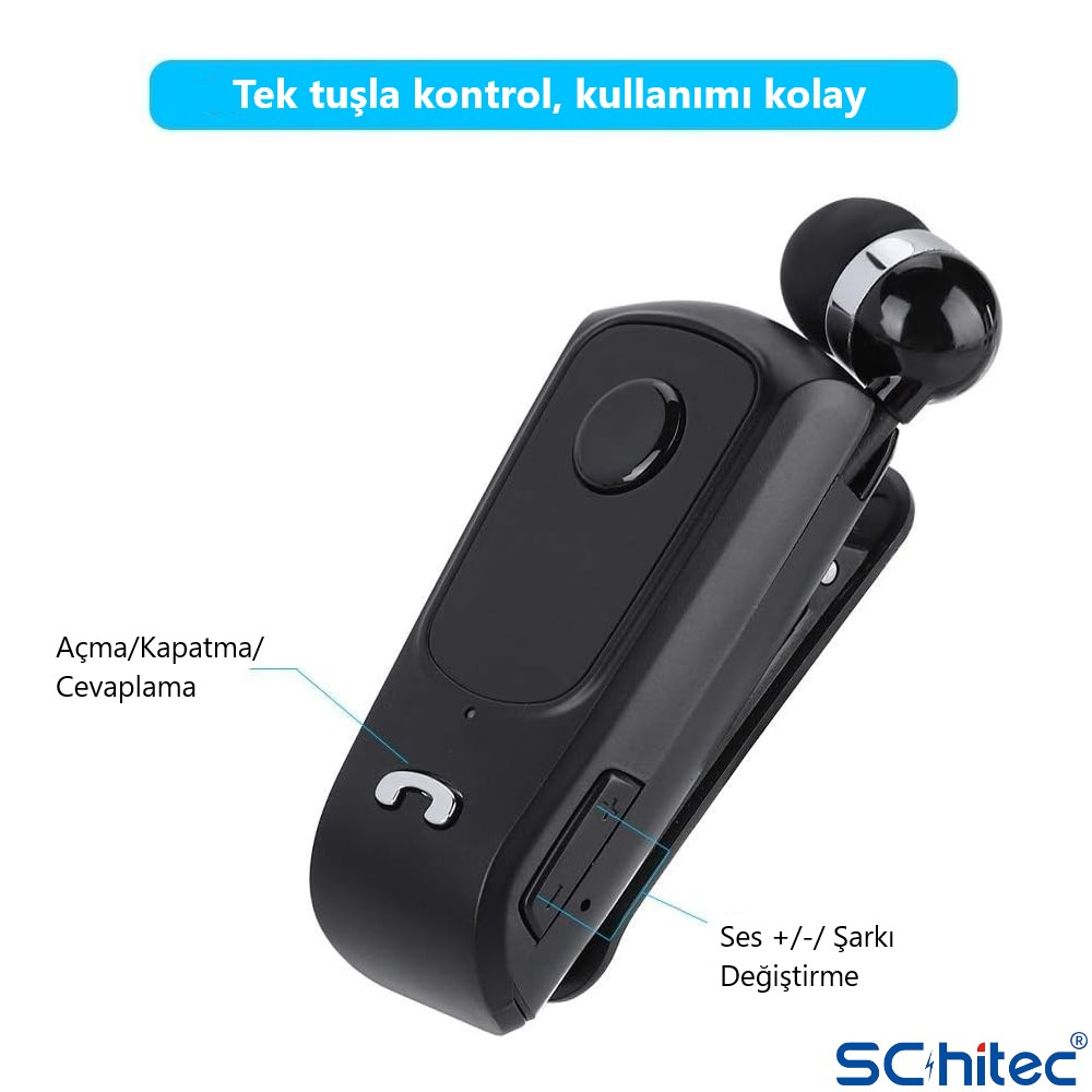 Kulaklıklı siyah Bluetooth klipsli alıcı, açma/kapama/cevaplama ve ses/+/- şarkı değiştirme tuşlu.