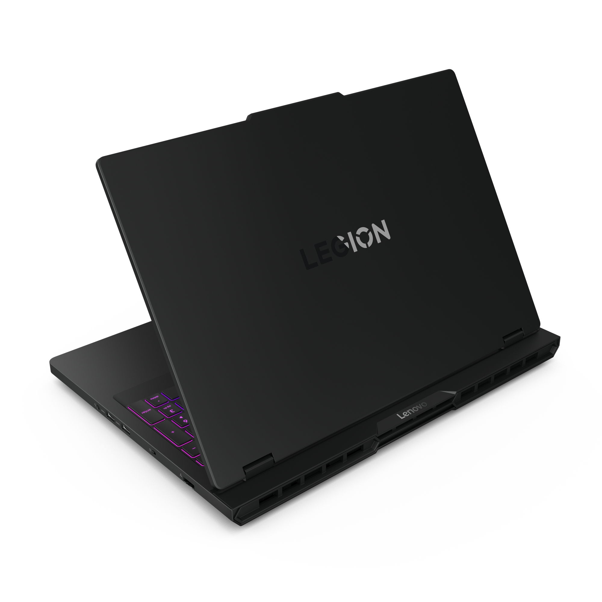 Un laptop nero con logo "LEGION" e tastiera viola illuminata.
