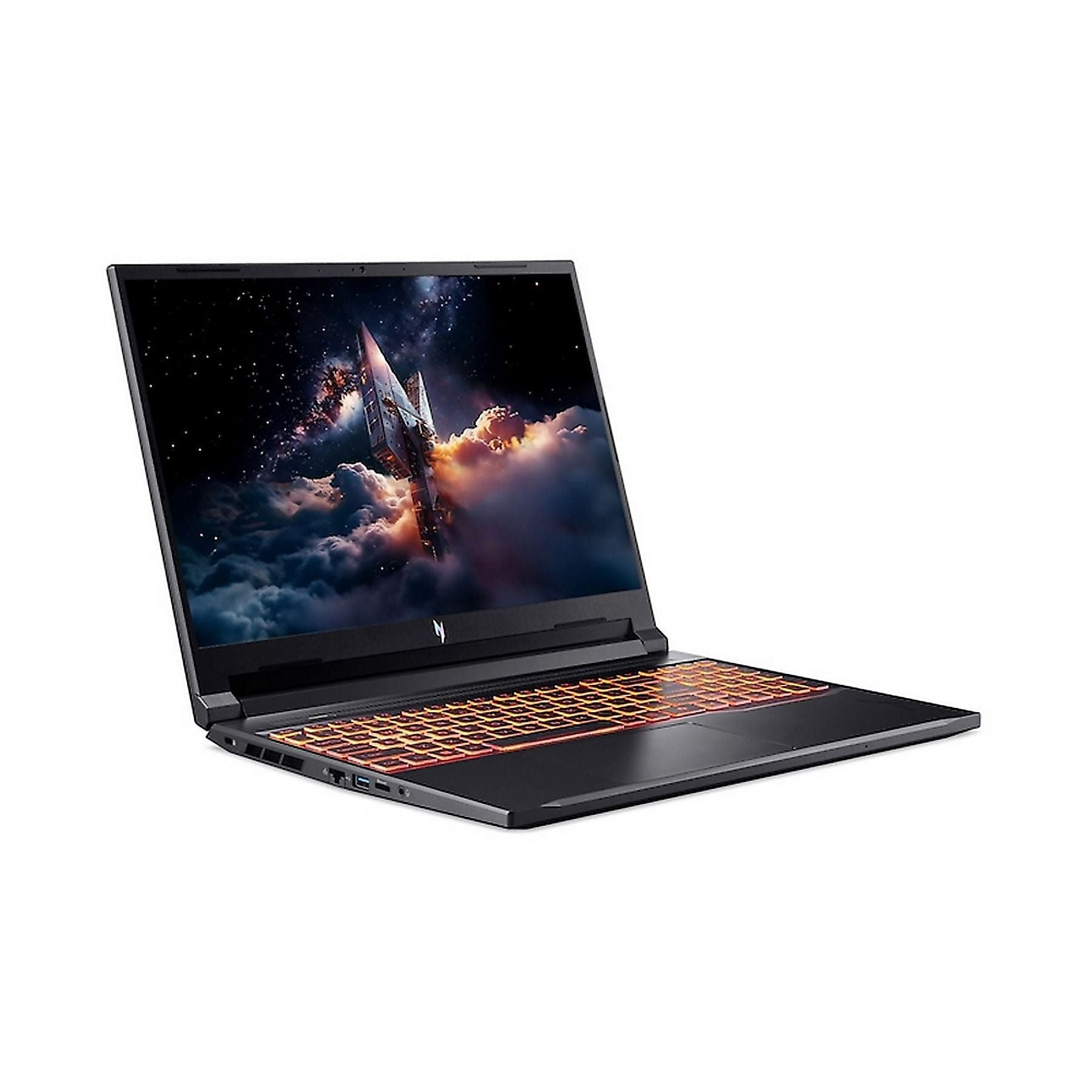 Laptop nero con tastiera illuminata e sfondo a tema spaziale.