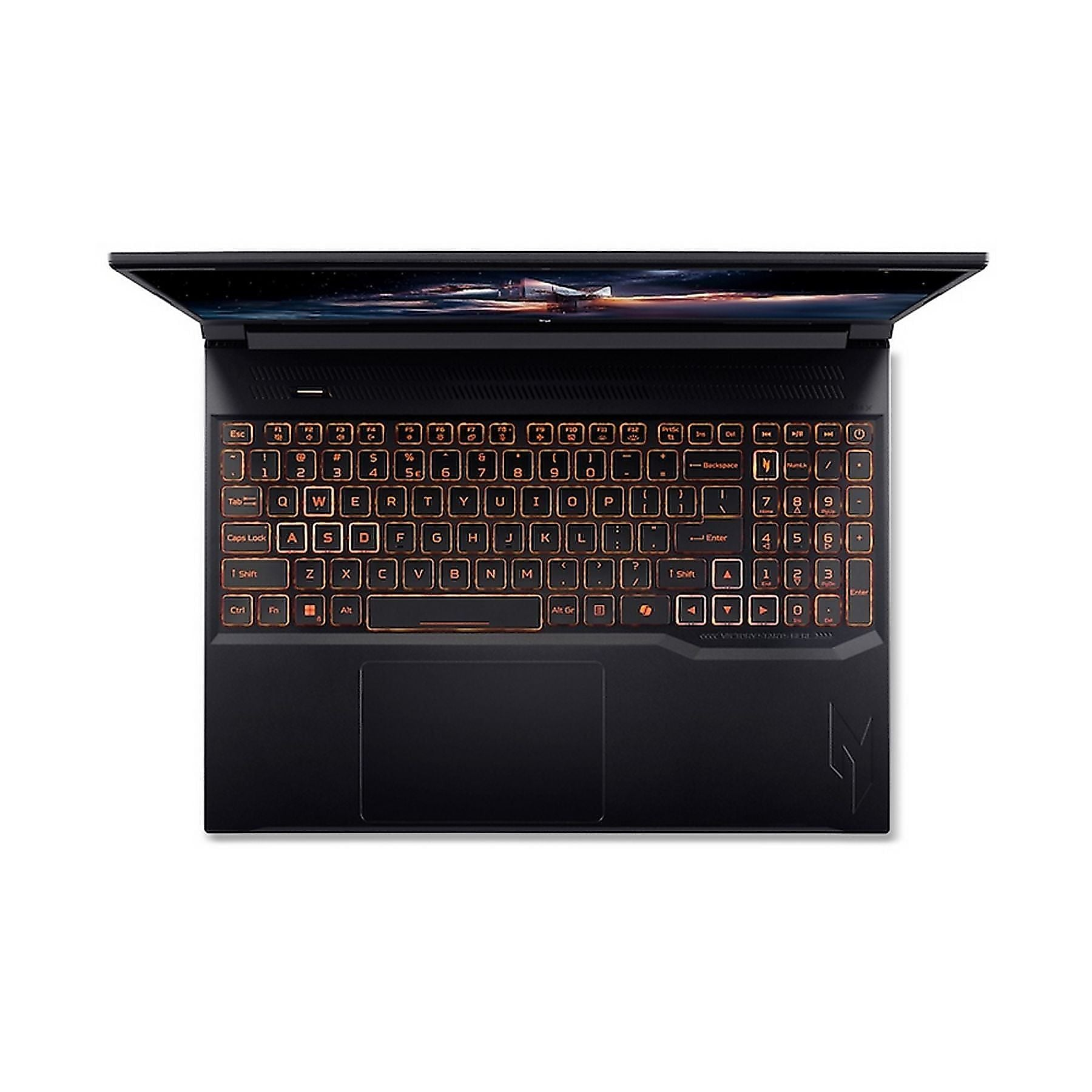 Vista dall'alto di un laptop nero aperto con tastiera retroilluminata arancione e un'immagine scura e astratta sullo schermo.