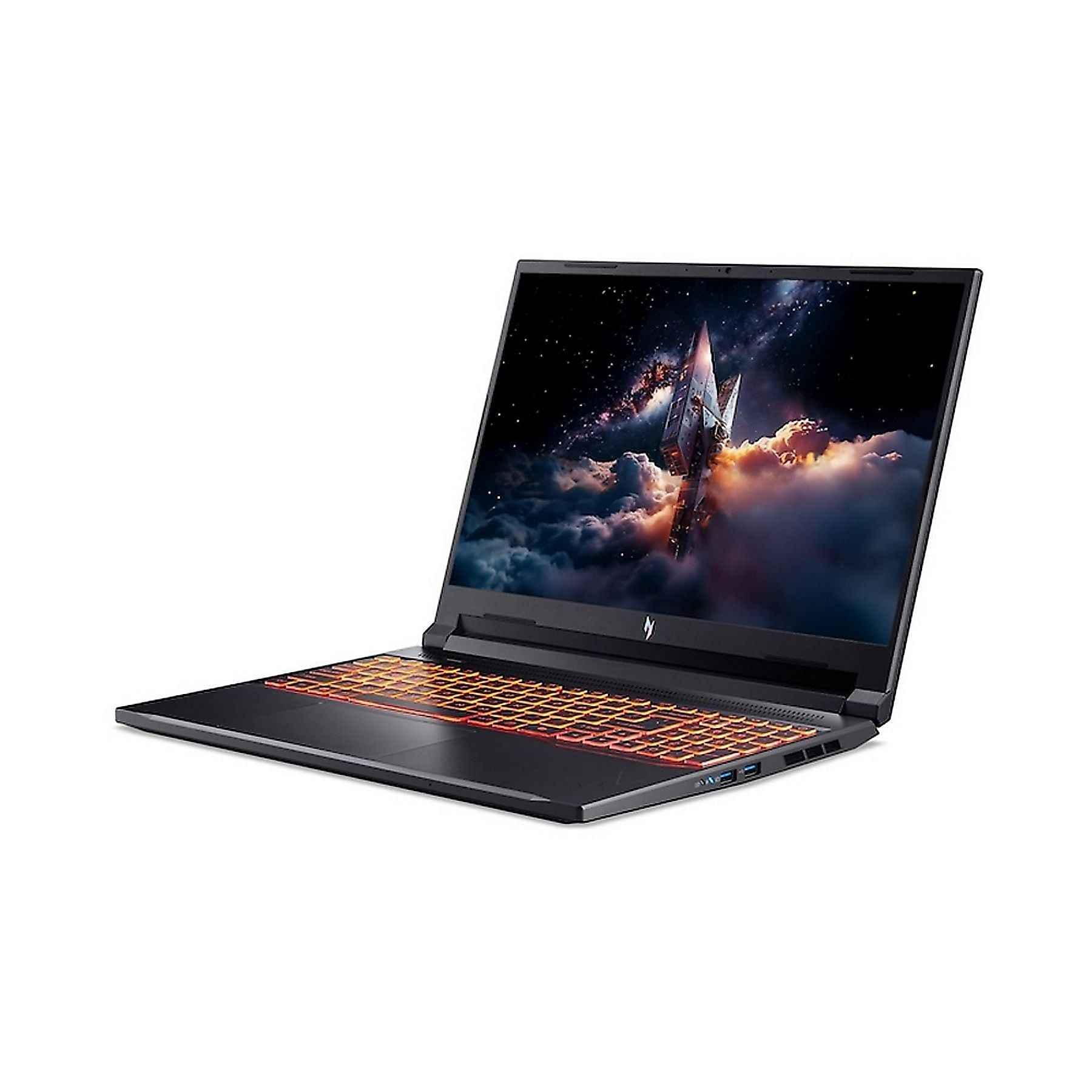 Un laptop nero con tastiera illuminata e sfondo a tema spaziale.