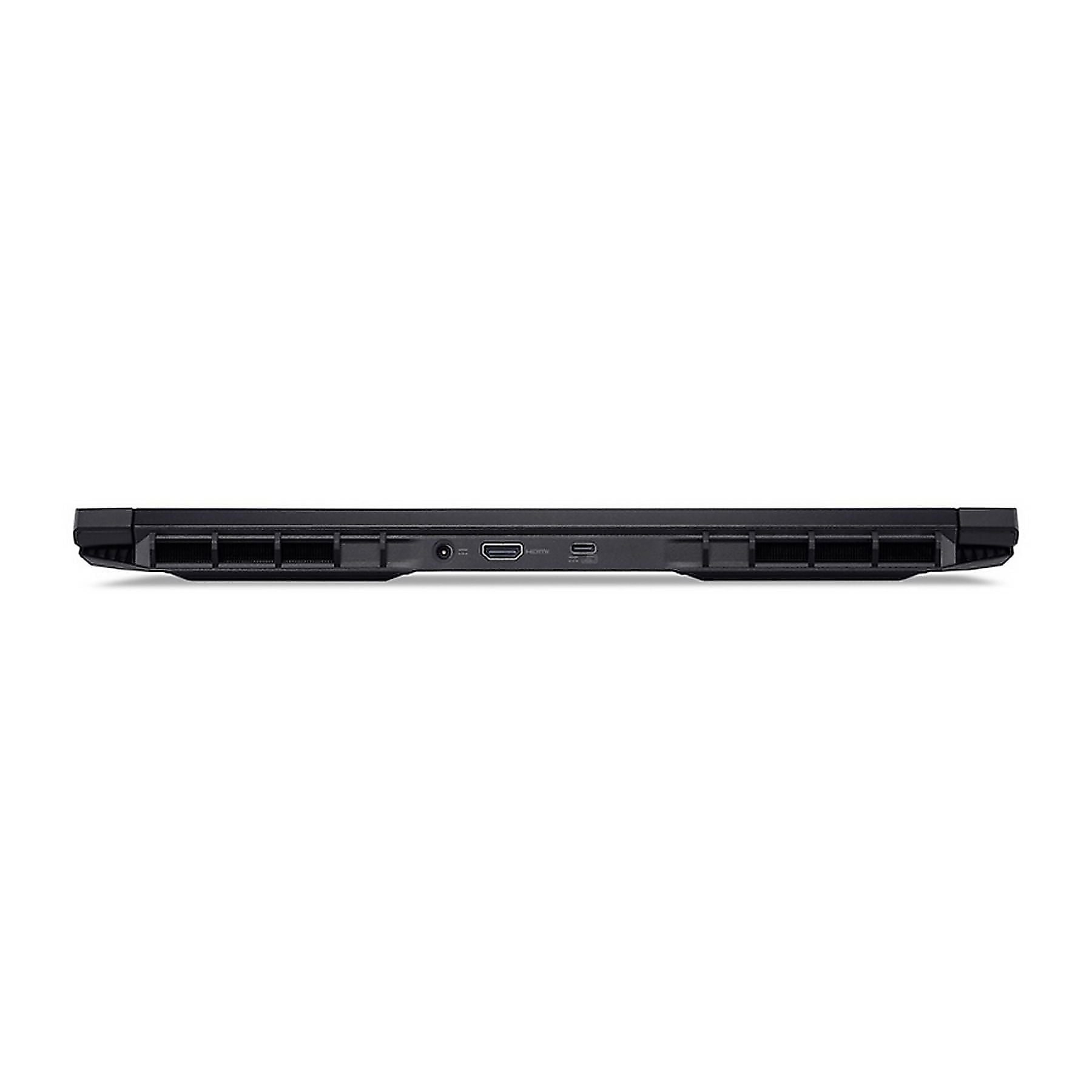 Parte inferiore di un laptop nero, con porte e fessure di ventilazione.