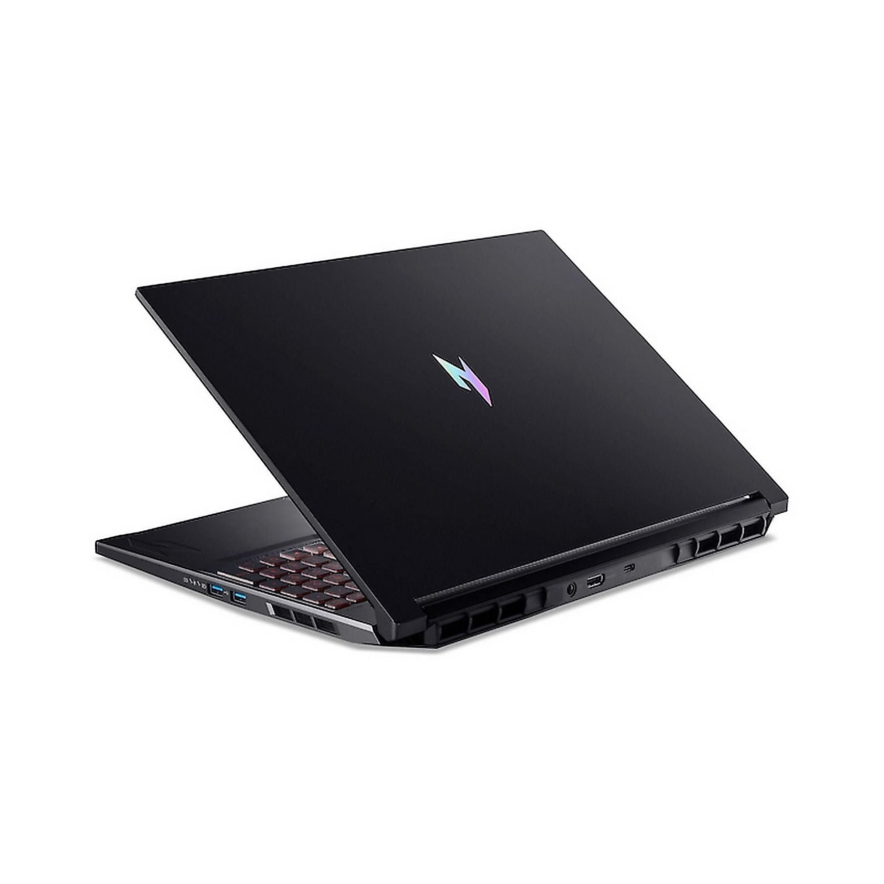 Laptop nero con logo illuminato sul coperchio e tastiera. Porte visibili.