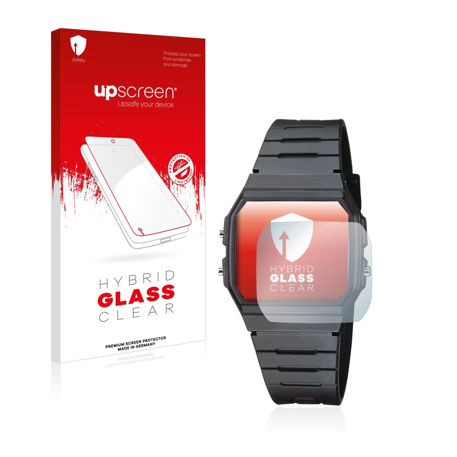 Verpackung für Displayschutzfolie neben einer Smartwatch mit angebrachter Folie.