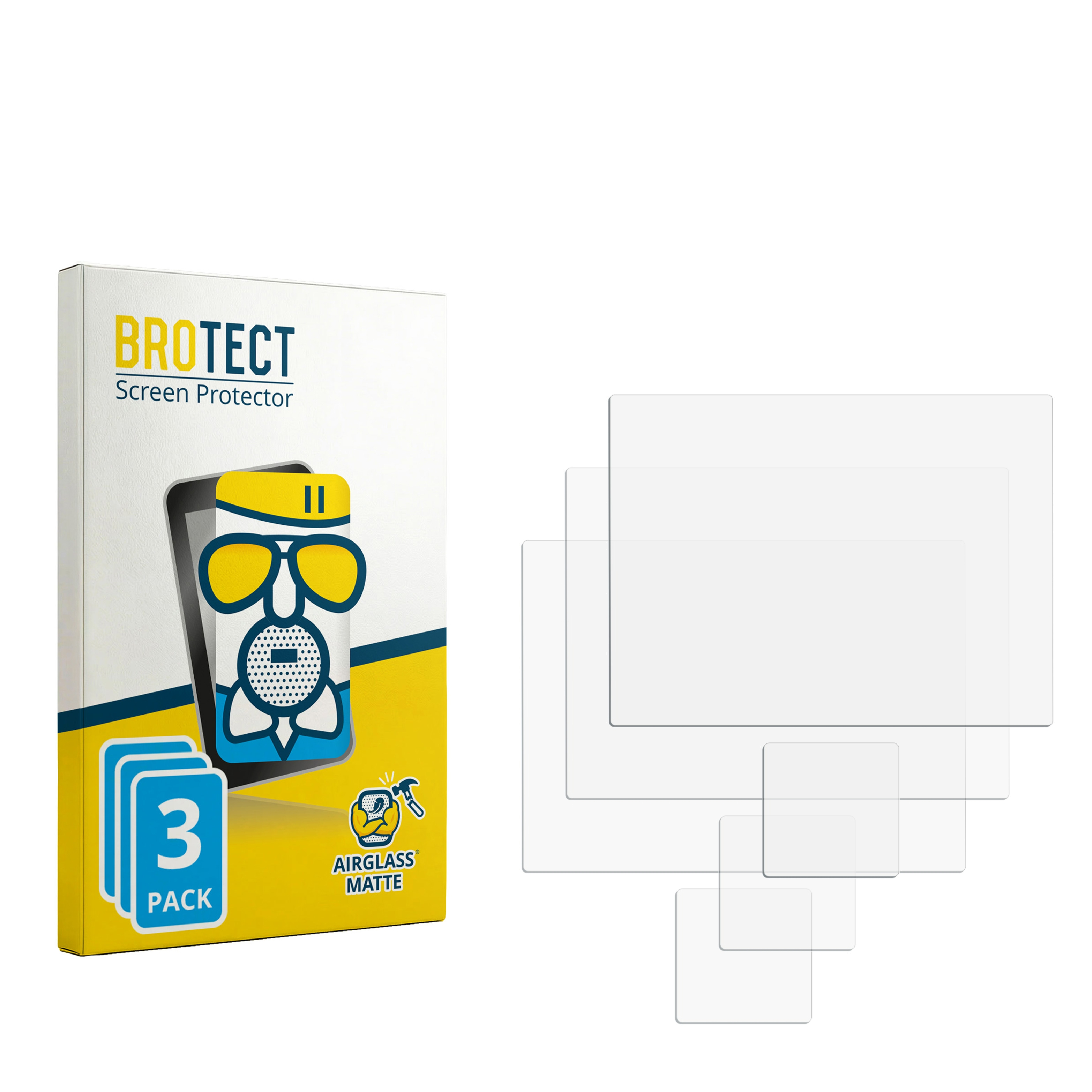 Verpackung für Brotect Displayschutzfolie, 3er Pack, daneben mehrere durchsichtige Folien.