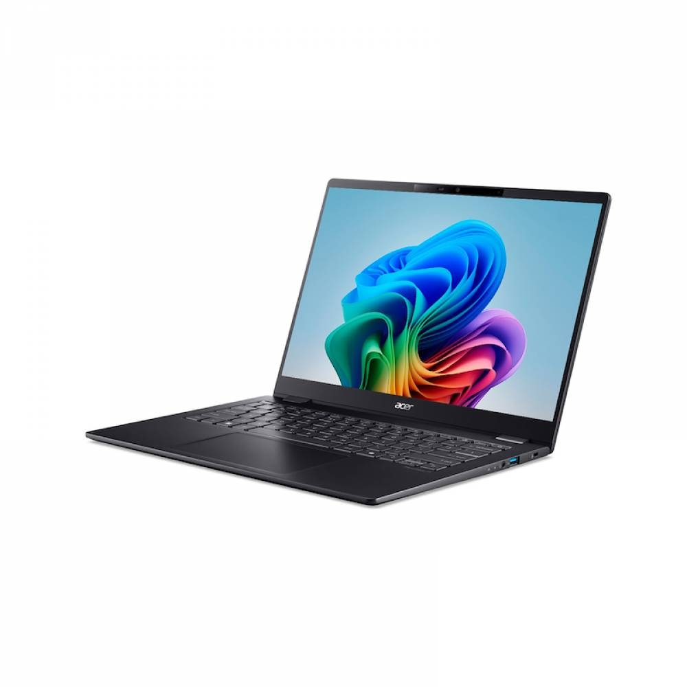 Un laptop Acer nero con uno sfondo colorato sullo schermo.