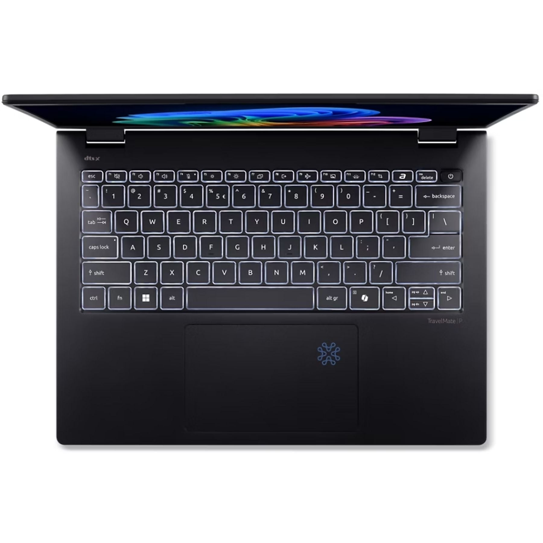Un laptop nero con tastiera retroilluminata e schermo aperto. Un logo è sul touchpad.