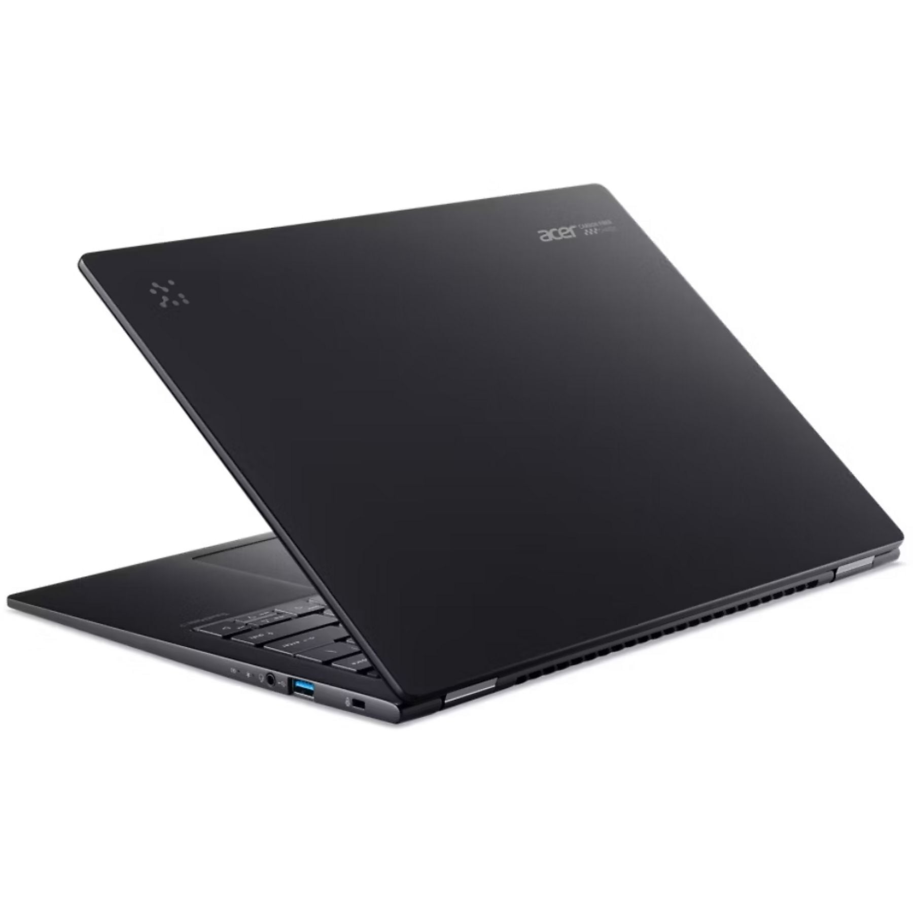 Laptop nero con schermo e tastiera aperti. È visibile una porta USB.