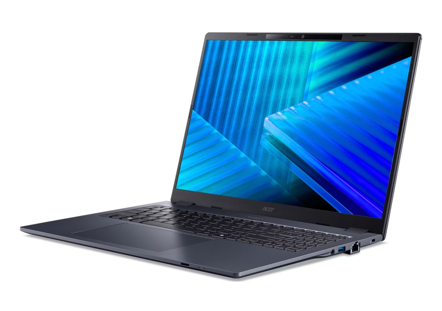 Un laptop Acer grigio scuro con sfondo astratto blu è aperto su sfondo bianco.