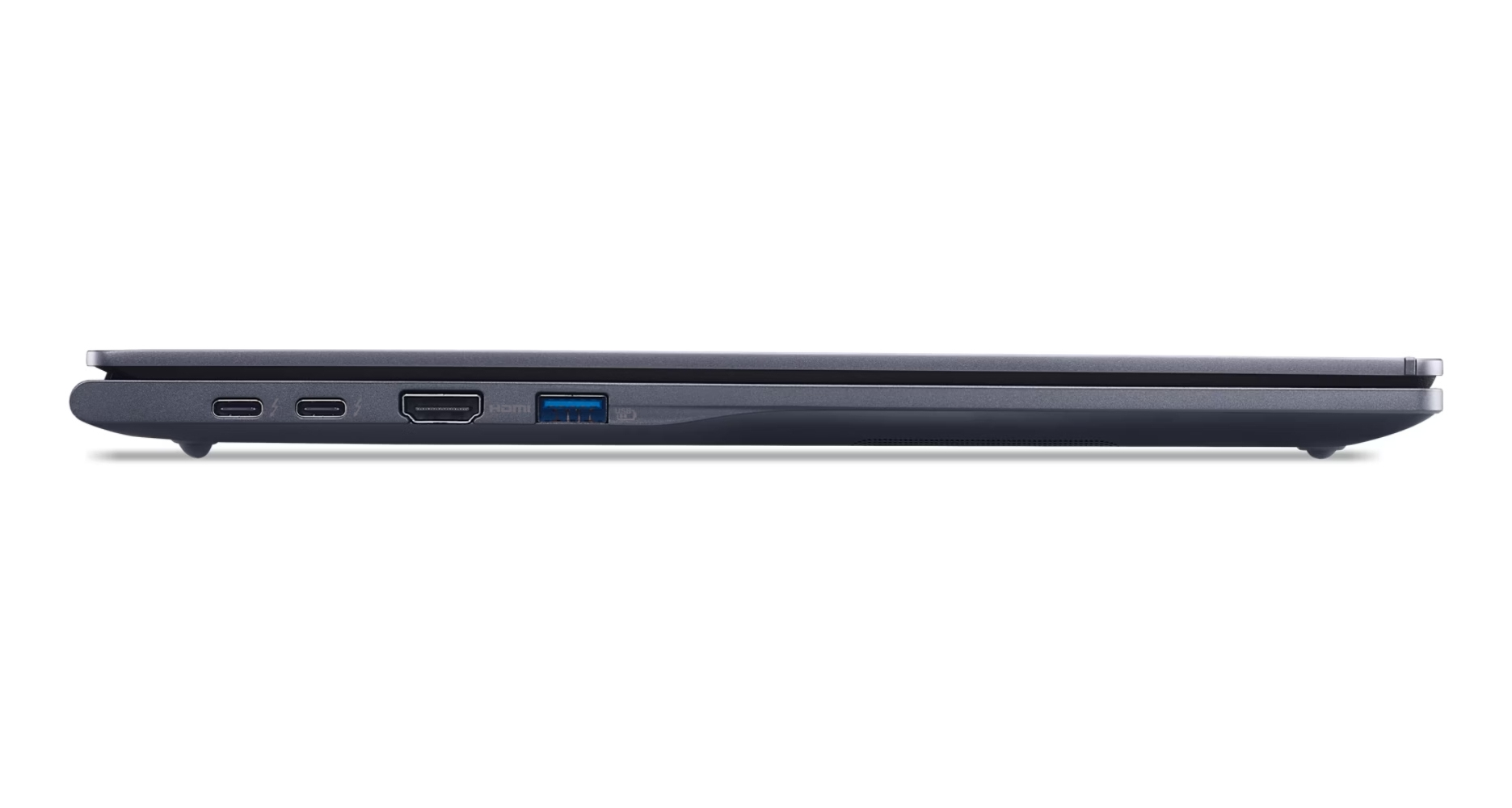 Profilo laptop grigio scuro con porte USB-C, HDMI e USB-A.