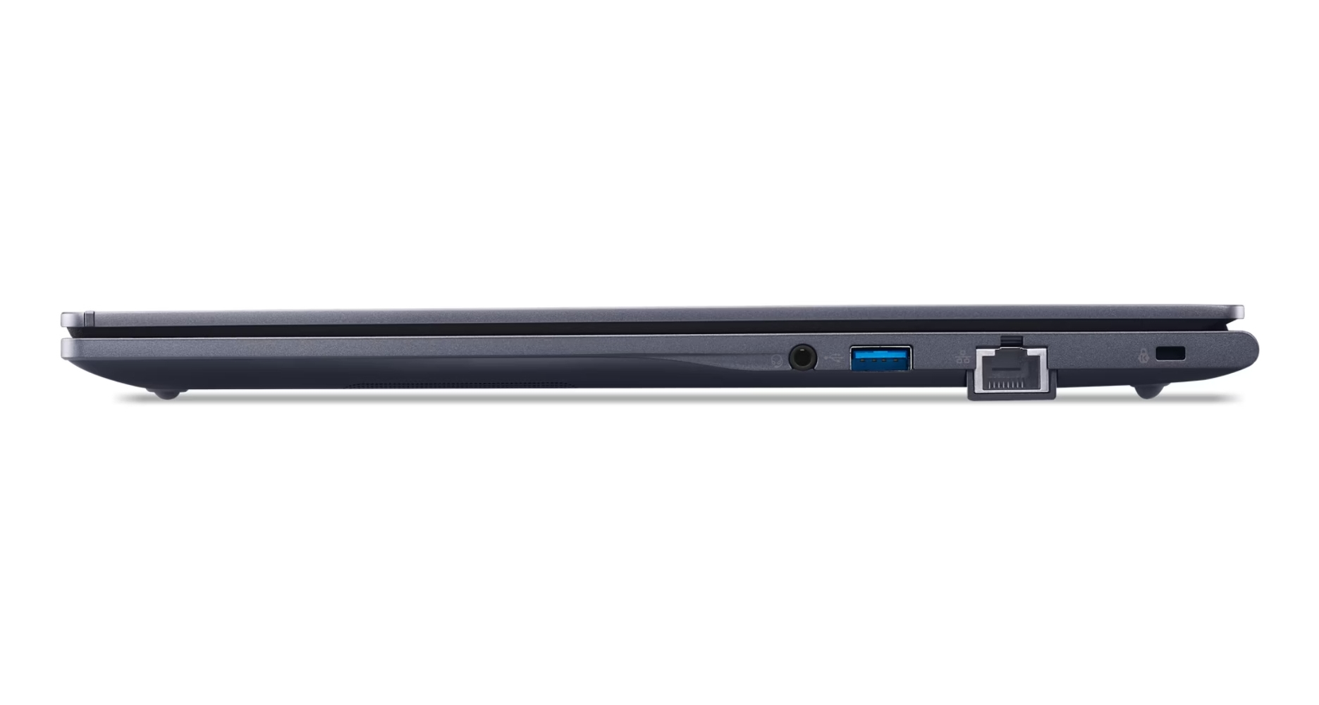 Lato di un laptop scuro con porte USB, audio ed Ethernet.