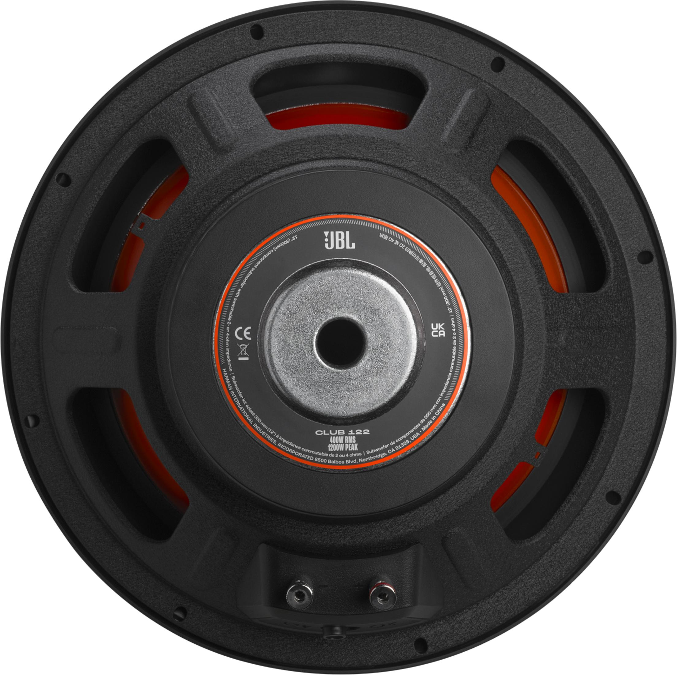 Subwoofer JBL nero con accenti rossi e centro argento. Modello Club 122.
