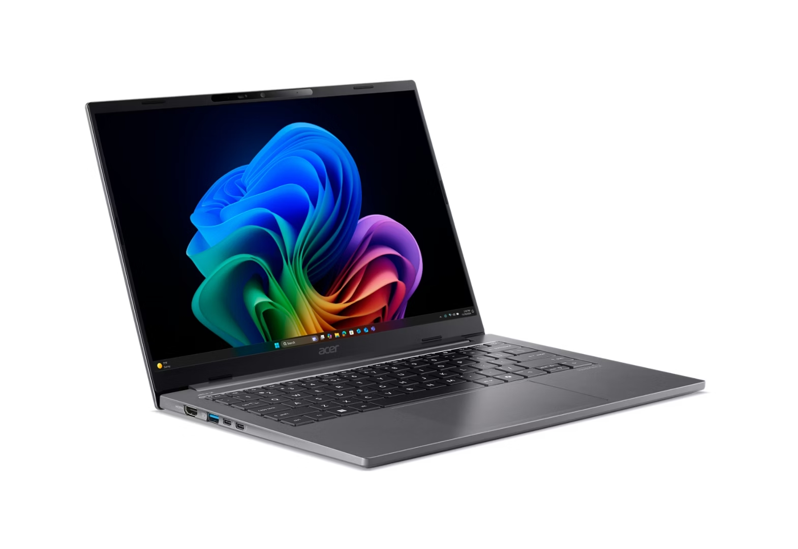 Un laptop Acer grigio aperto con uno sfondo colorato sullo schermo.