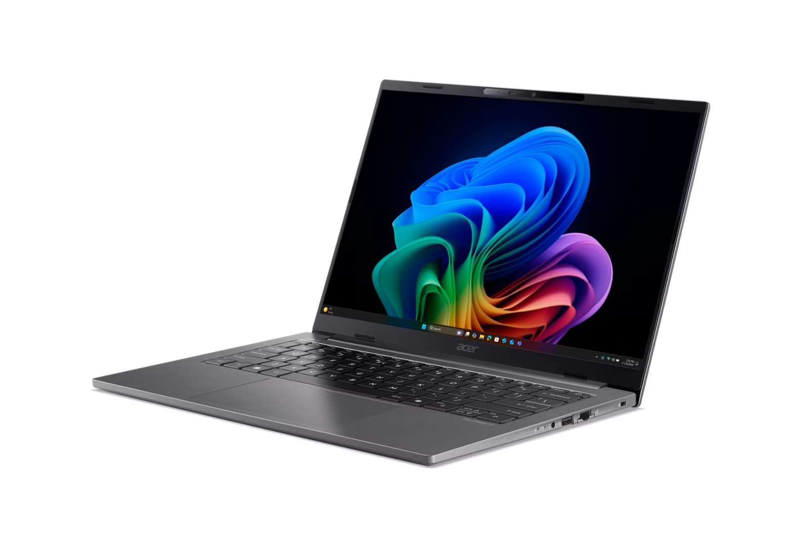 Un laptop Acer grigio con uno sfondo astratto vibrante sul suo schermo.