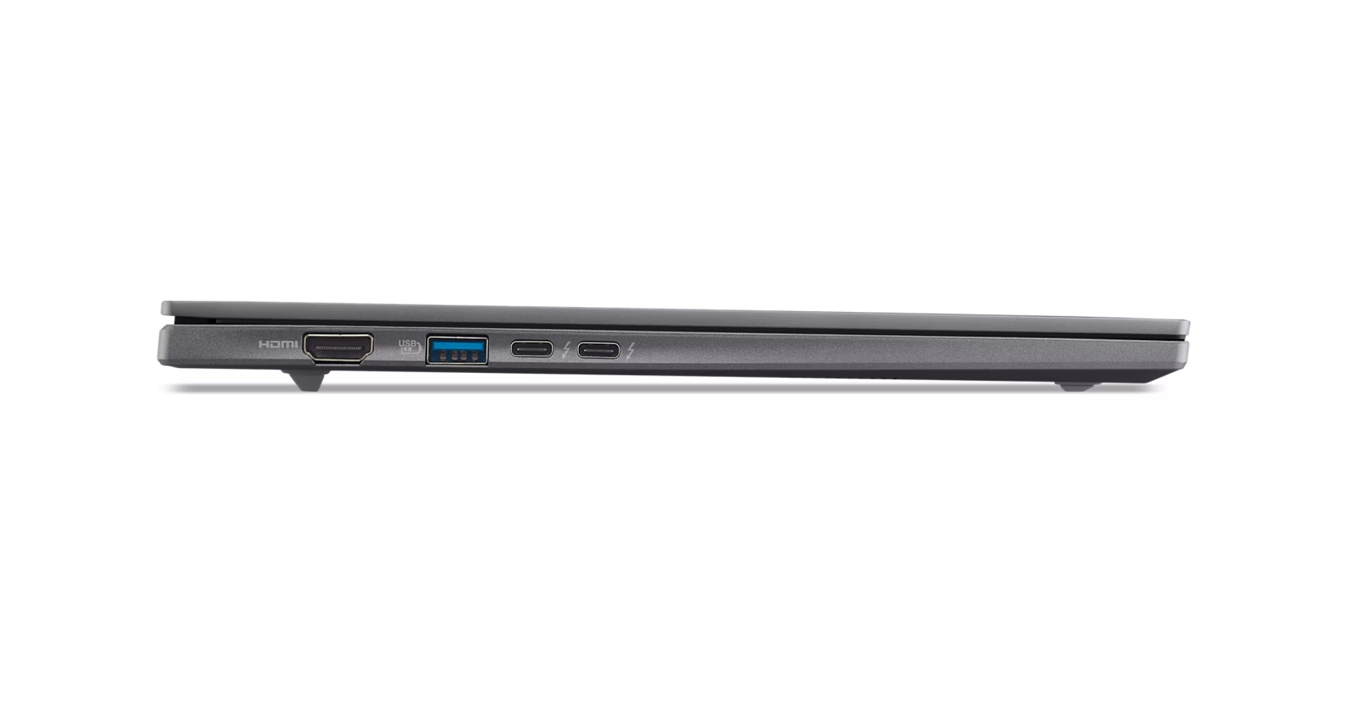 Profilo laptop grigio con porte HDMI, USB e Thunderbolt.