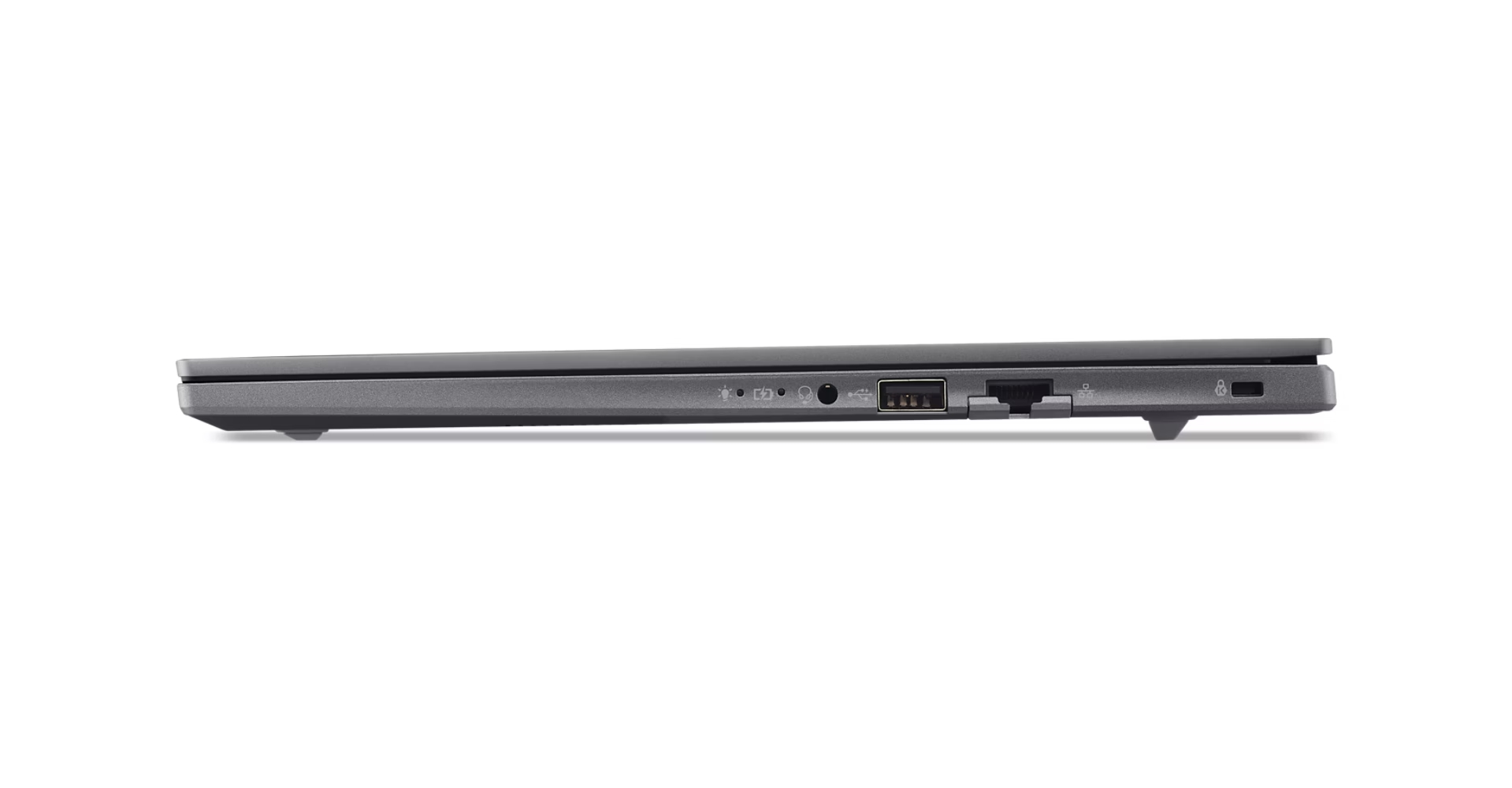Vista laterale di un laptop grigio che mostra porte: USB, audio, Ethernet.