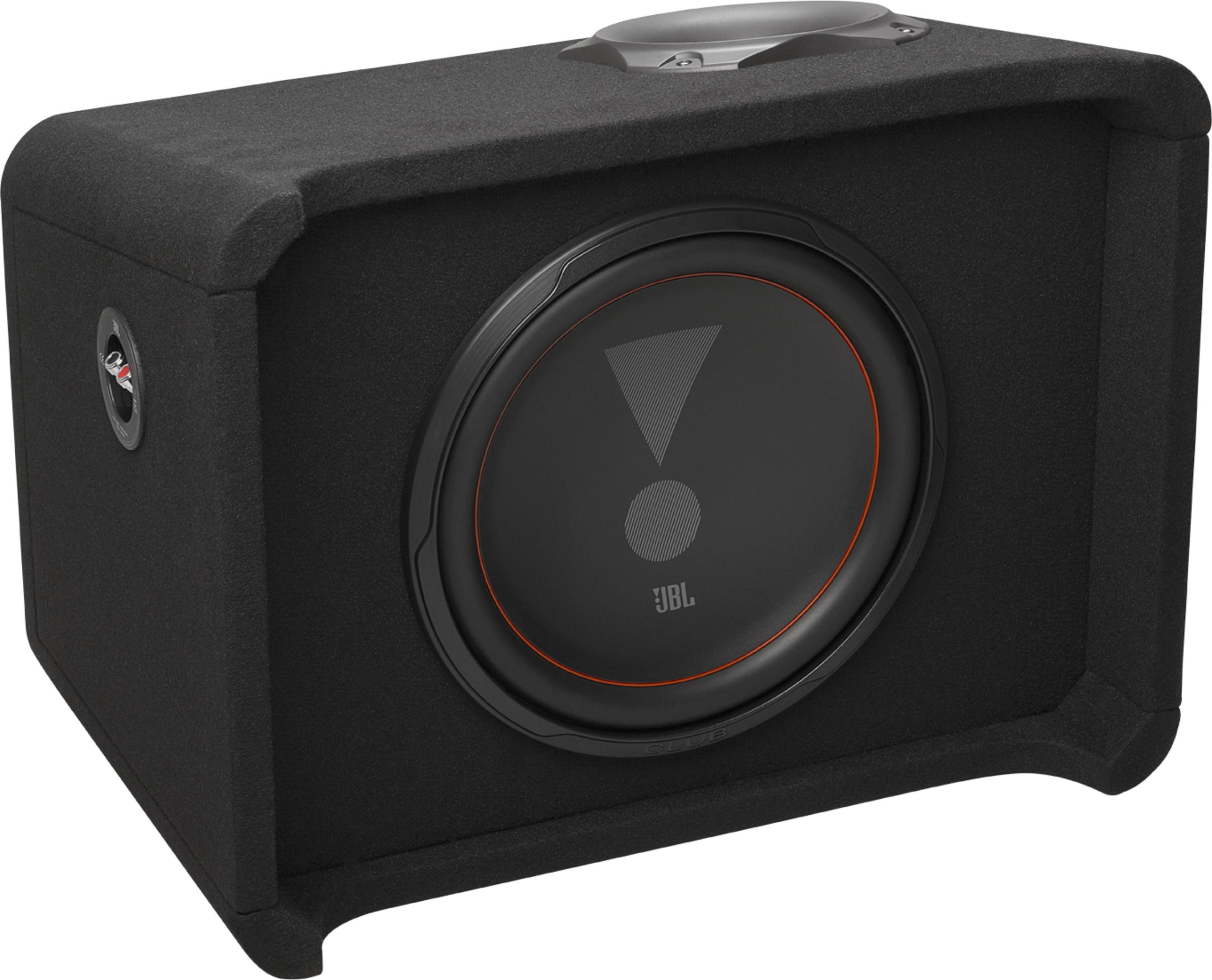 Schwarze Bassbox mit rotem Ring um den Lautsprecher und JBL-Logo.