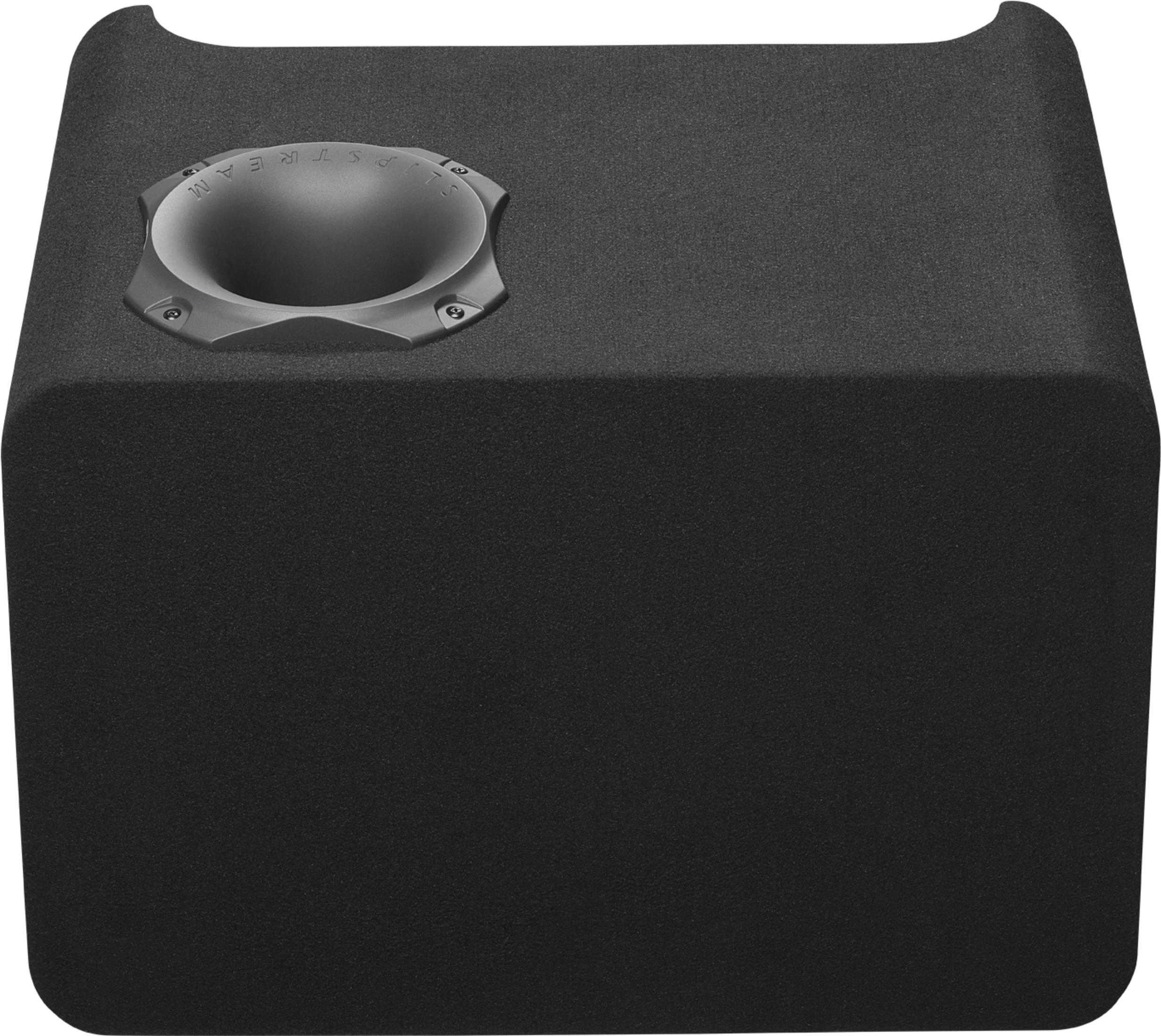 Schwarzer rechteckiger Subwoofer mit einem silbernen Hornanschluss.