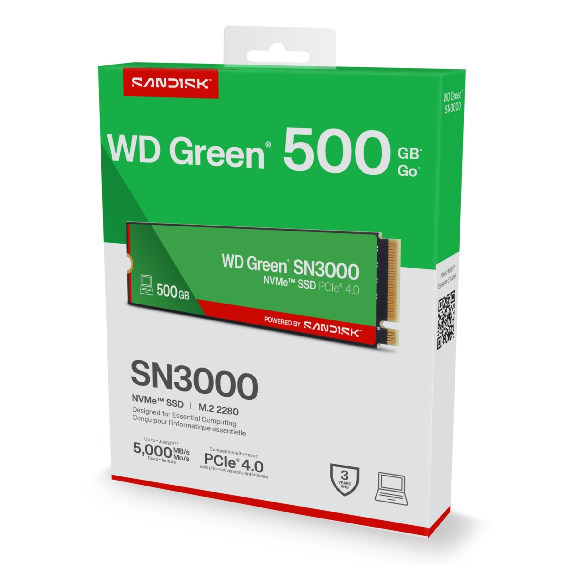 Emballage d'un SSD NVMe WD Green SN3000 500 Go avec PCIe 4.0.