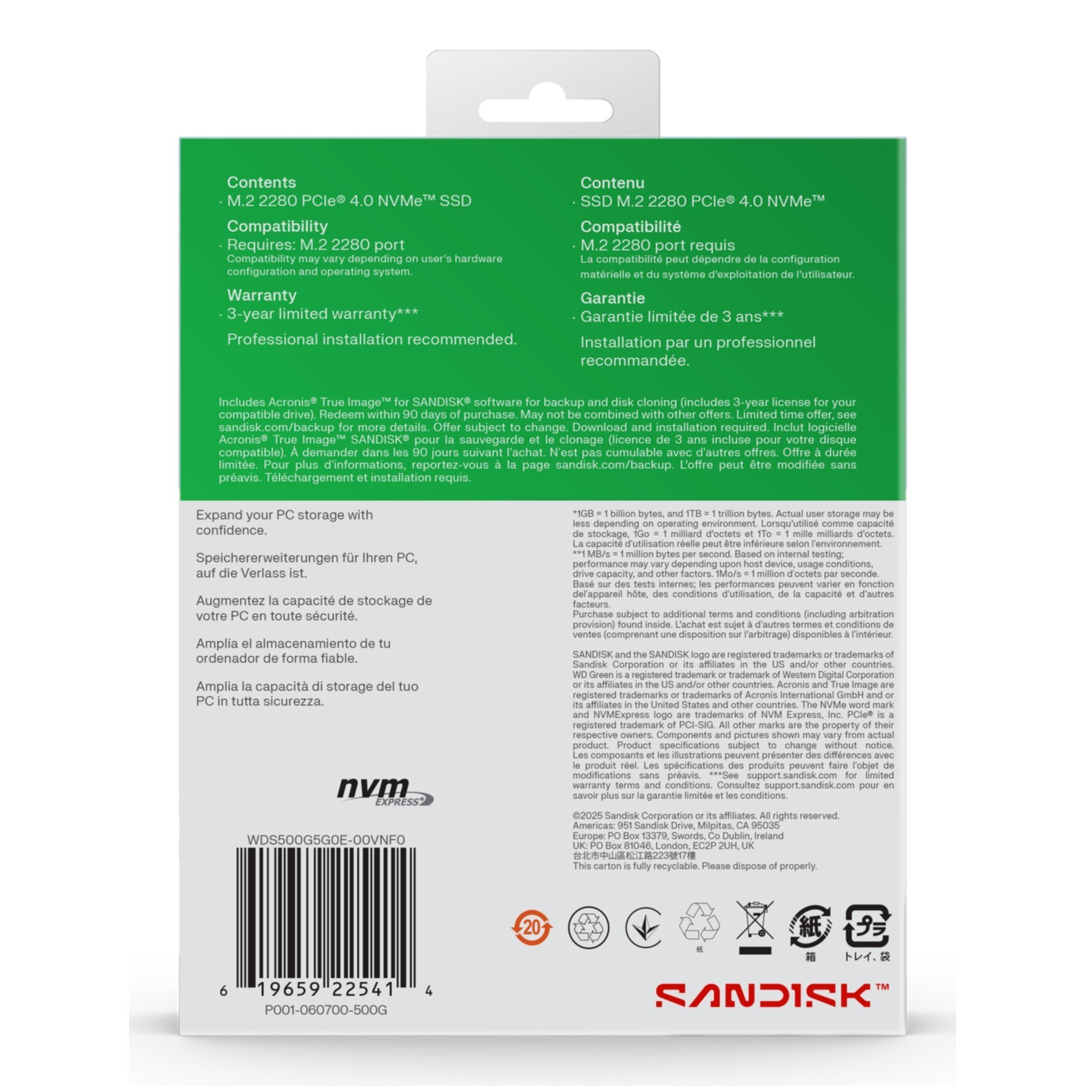 Emballage de SSD Sandisk avec détails produit, spécifications et symboles de recyclage.